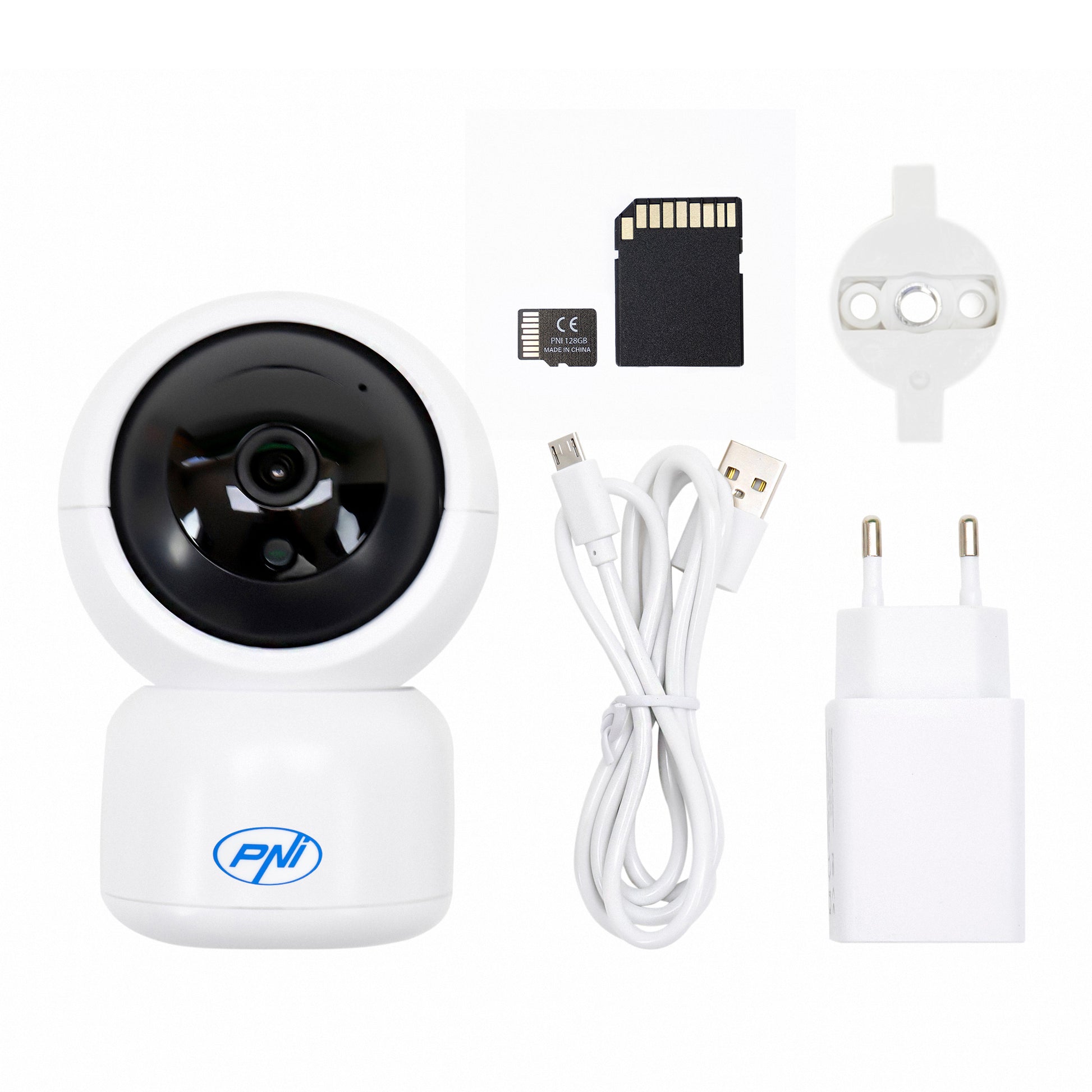 Pachet Camera supraveghere video PNI IP390T 1080P cu PTZ WiFi H264+Card de memorie MicroSD PNI 128GB cu adaptor SD