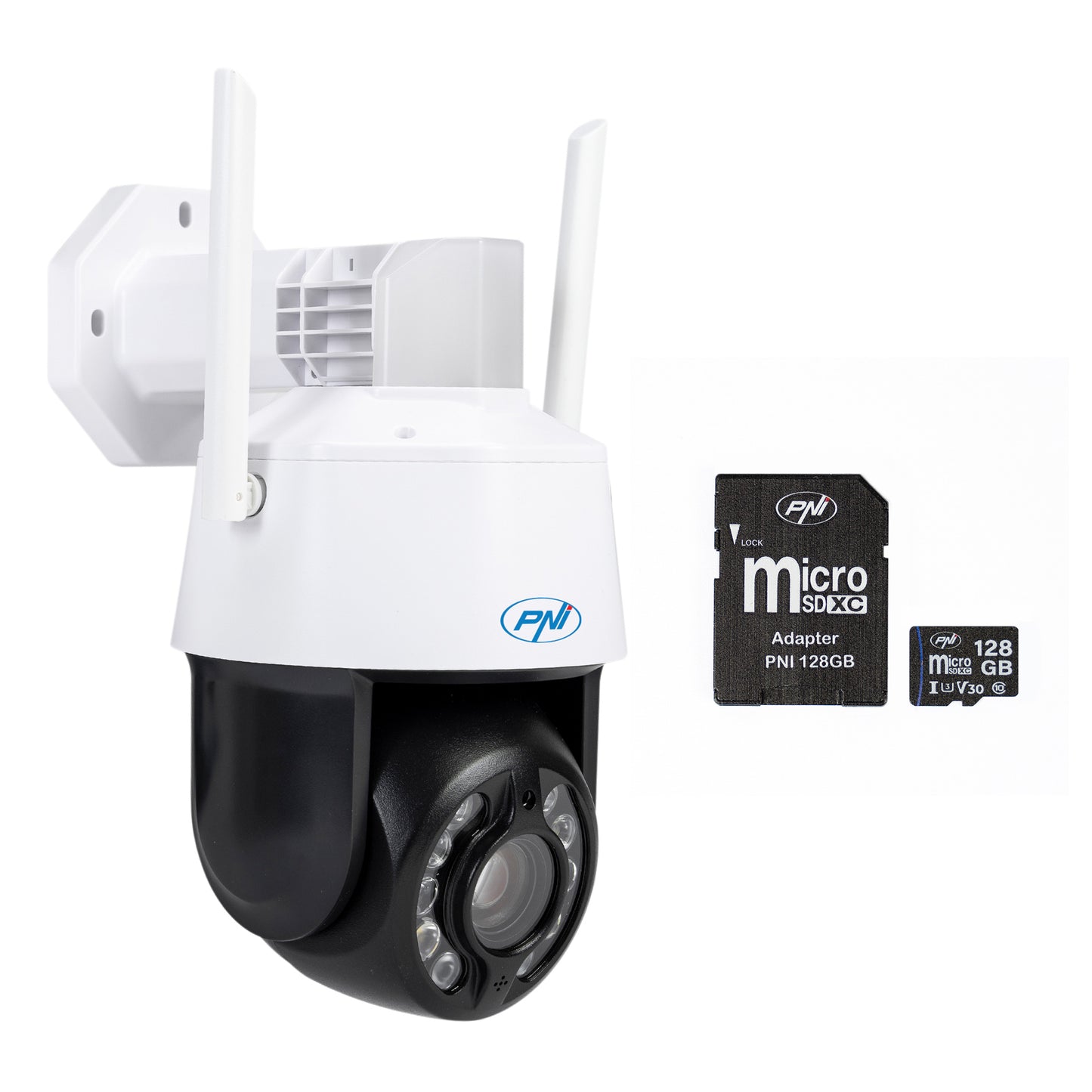 Pachet Camera supraveghere video PNI House IP575 5MP WiFi cu IP + Card de memorie MicroSD PNI 128GB cu adaptor SD