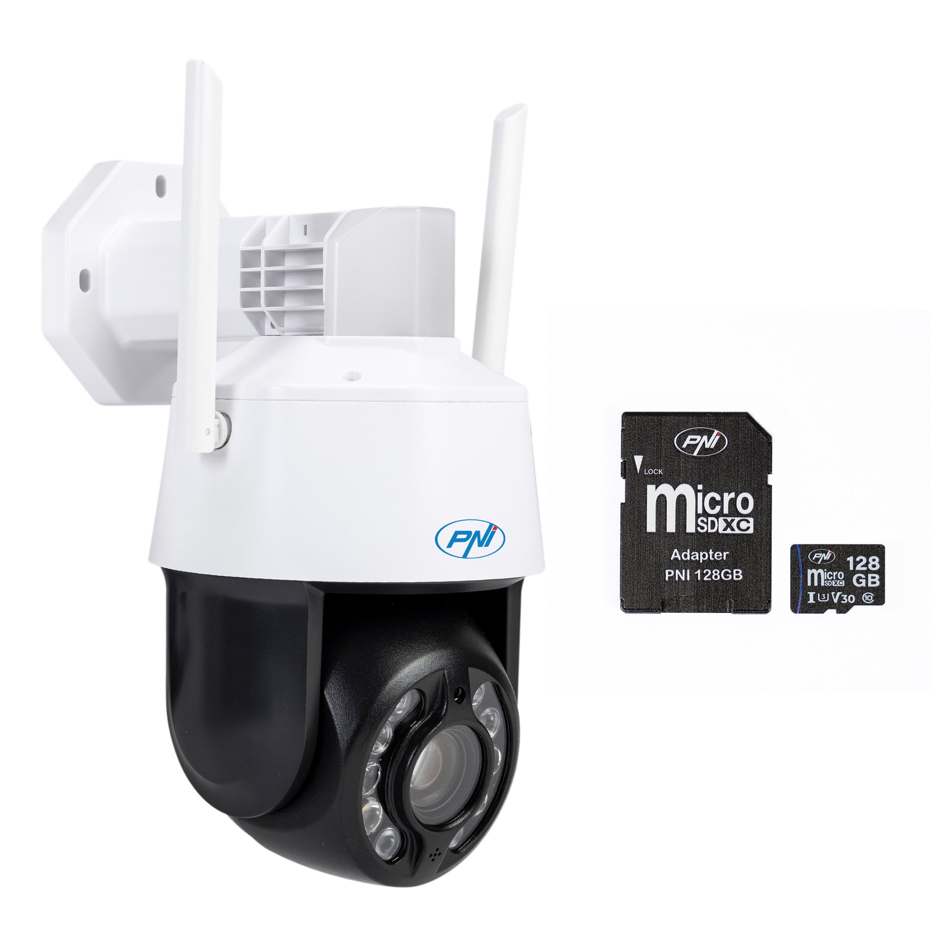 Pachet Camera supraveghere video PNI House IP575 5MP WiFi cu IP + Card de memorie MicroSD PNI 128GB cu adaptor SD