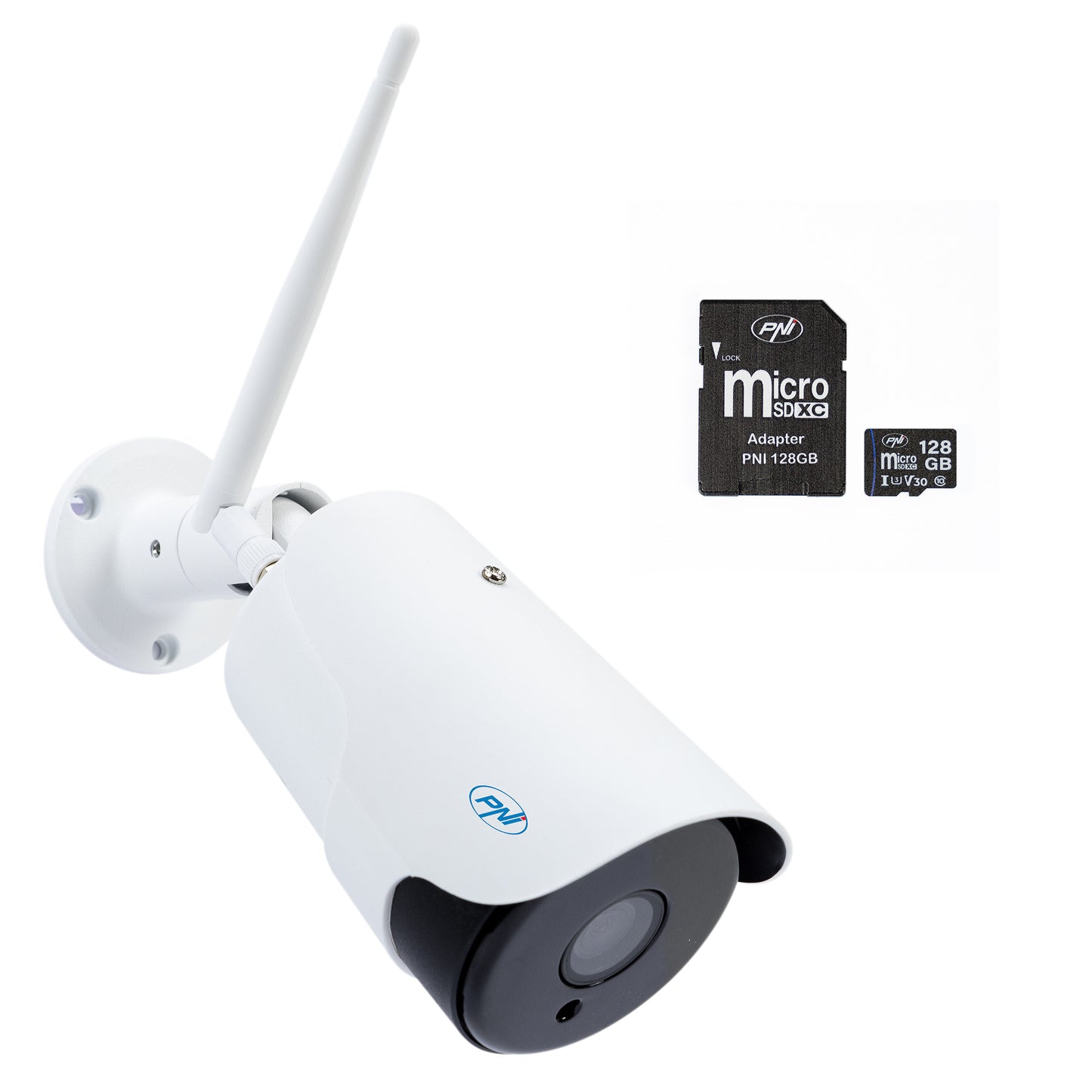 Pachet Camera supraveghere video PNI House IP52LR 2MP 1080P wireless cu IP + Card de memorie MicroSD PNI 128GB cu adaptor SD