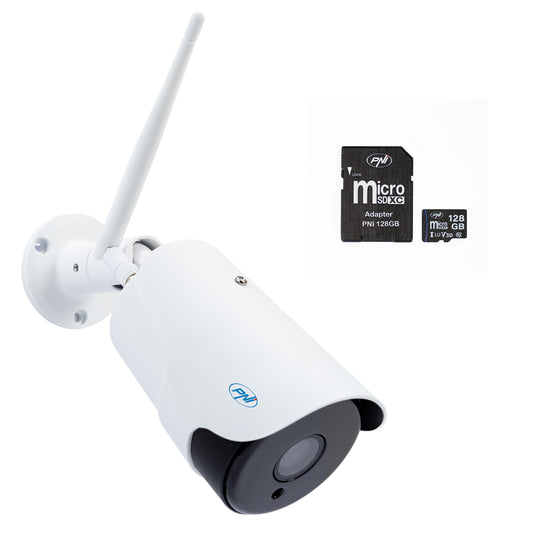 Pachet Camera supraveghere video PNI House IP52LR 2MP 1080P wireless cu IP + Card de memorie MicroSD PNI 128GB cu adaptor SD