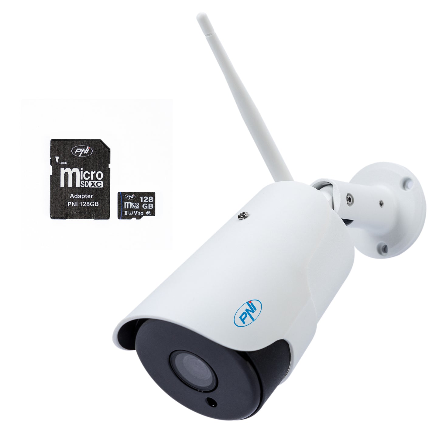 Pachet Camera supraveghere video PNI House IP52 2MP 1080P wireless cu IP + Card de memorie MicroSD PNI 128GB cu adaptor SD