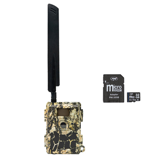 Pachet Camera vanatoare PNI Hunting 480C PRO, 24MP, cu Internet 4G, GPS + Card de memorie MicroSD PNI 32GB cu adaptor SD