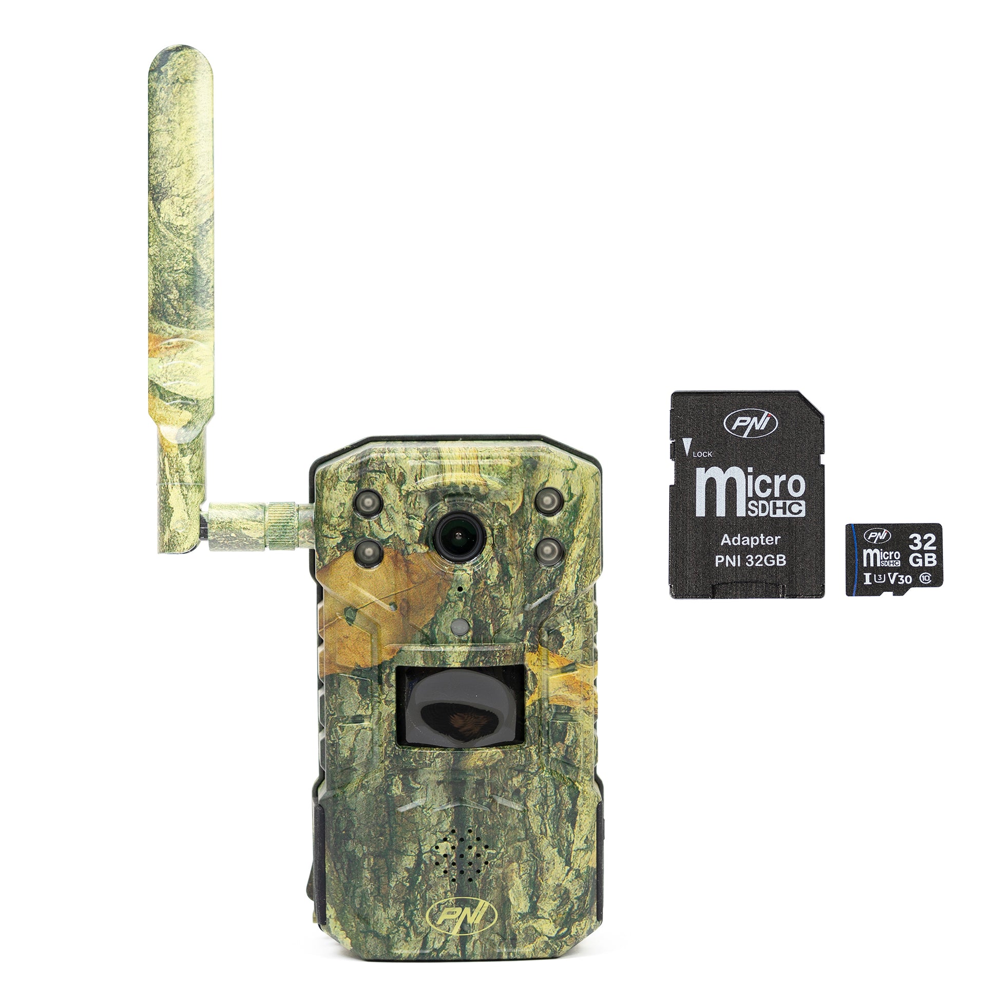 Pachet Camera vanatoare PNI Hunting 250C cu Internet 4G LTE duplex + Card de memorie MicroSD PNI 32GB cu adaptor SD
