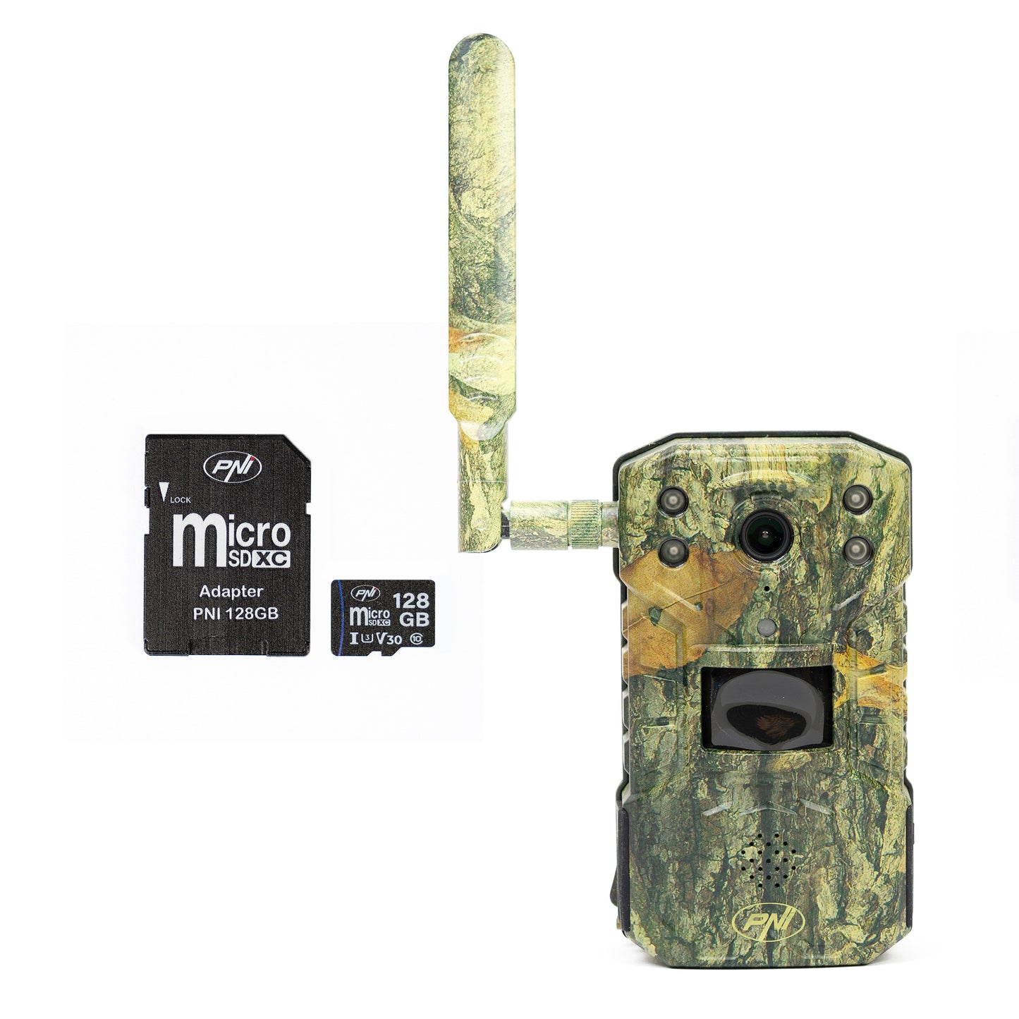 Pachet Camera vanatoare PNI Hunting 250C cu Internet 4G LTE duplex + Card de memorie MicroSD PNI 128GB cu adaptor SD