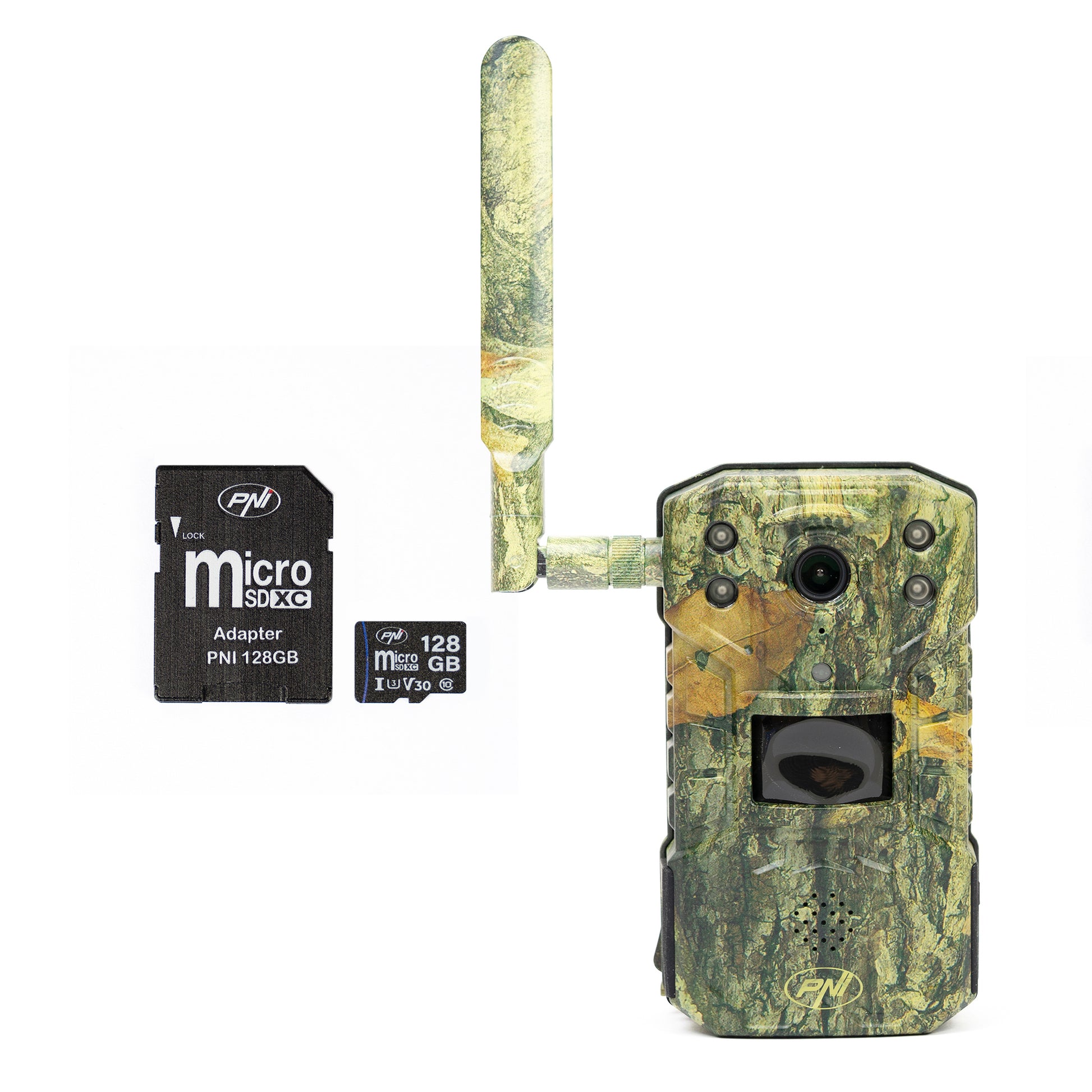 Pachet Camera vanatoare PNI Hunting 250C cu Internet 4G LTE duplex + Card de memorie MicroSD PNI 128GB cu adaptor SD