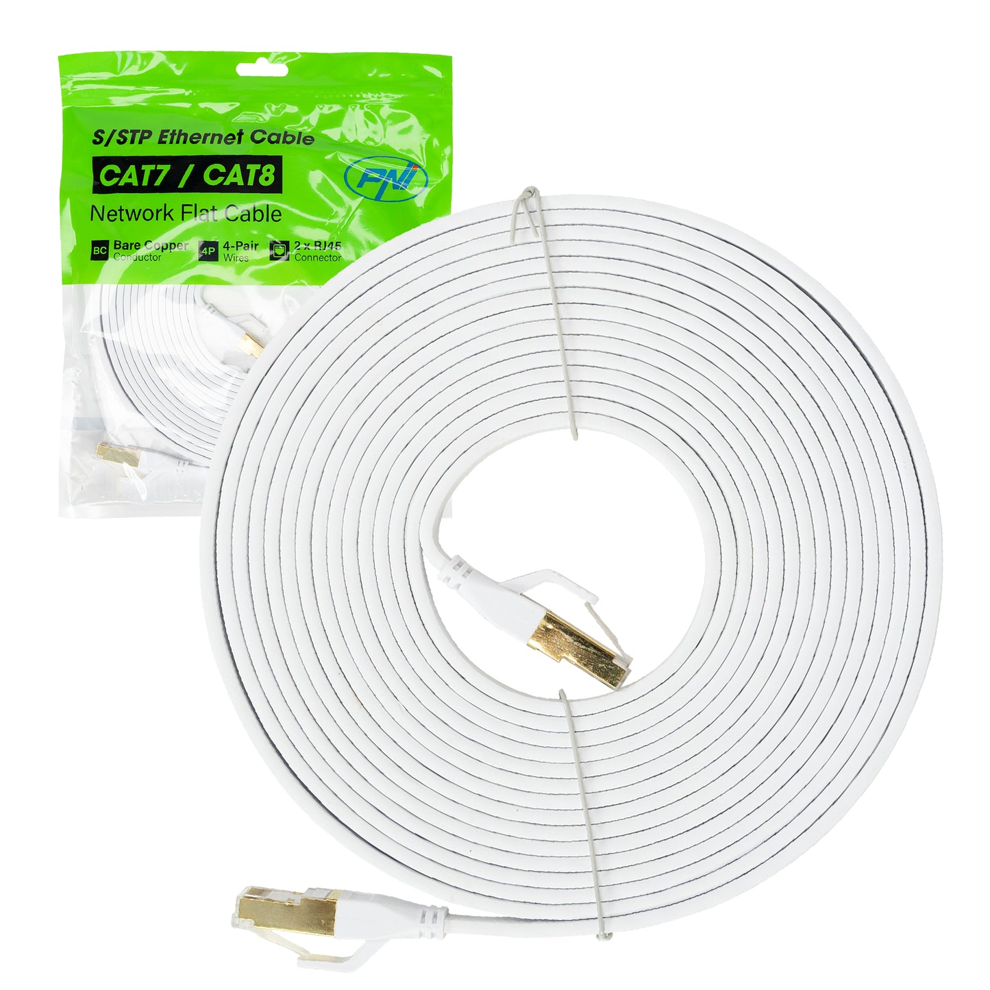 Cablu de retea plat S/STP CAT8 PNI U8050W, 2 x RJ45, 4 perechi de fire, 28AWG, cupru, 40 Gbps, 2000 MHz, 5m, alb