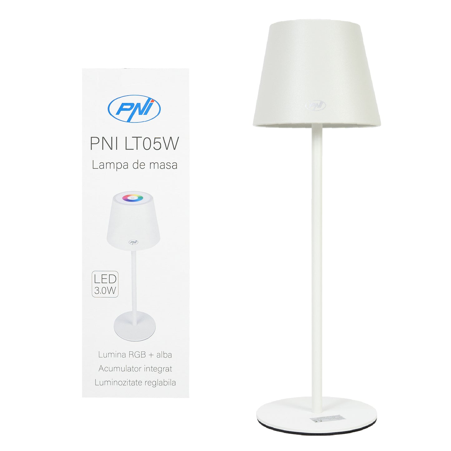 Lampa de masa PNI LT05W cu LED 3W, acumulator 1800 mAh, incarcare prin USB-C, 200 lumeni, lumina alba + RGB, buton tactil, dimabil, culoare alb