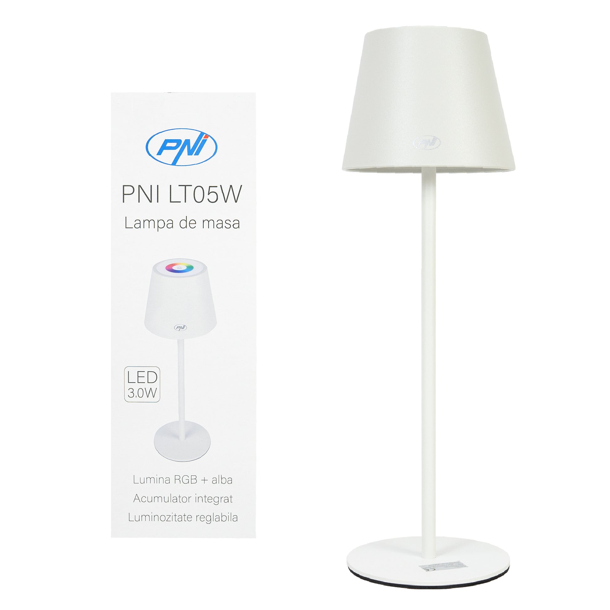 Lampa de masa PNI LT05W cu LED 3W, acumulator 1800 mAh, incarcare prin USB-C, 200 lumeni, lumina alba + RGB, buton tactil, dimabil, culoare alb