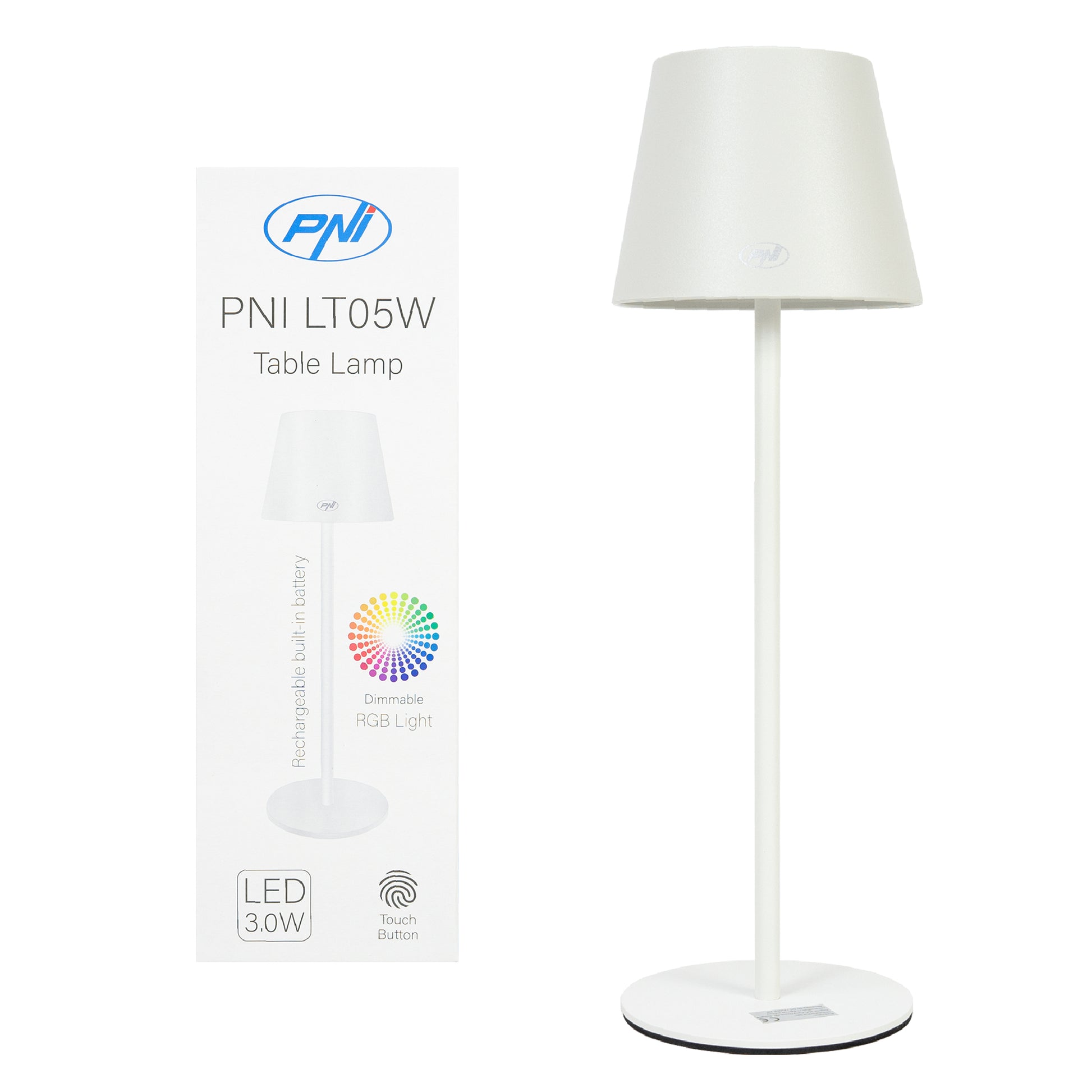 Lampa de masa PNI LT05W cu LED 3W, acumulator 1800 mAh, incarcare prin USB-C, 200 lumeni, lumina alba + RGB, buton tactil, dimabil, culoare alb