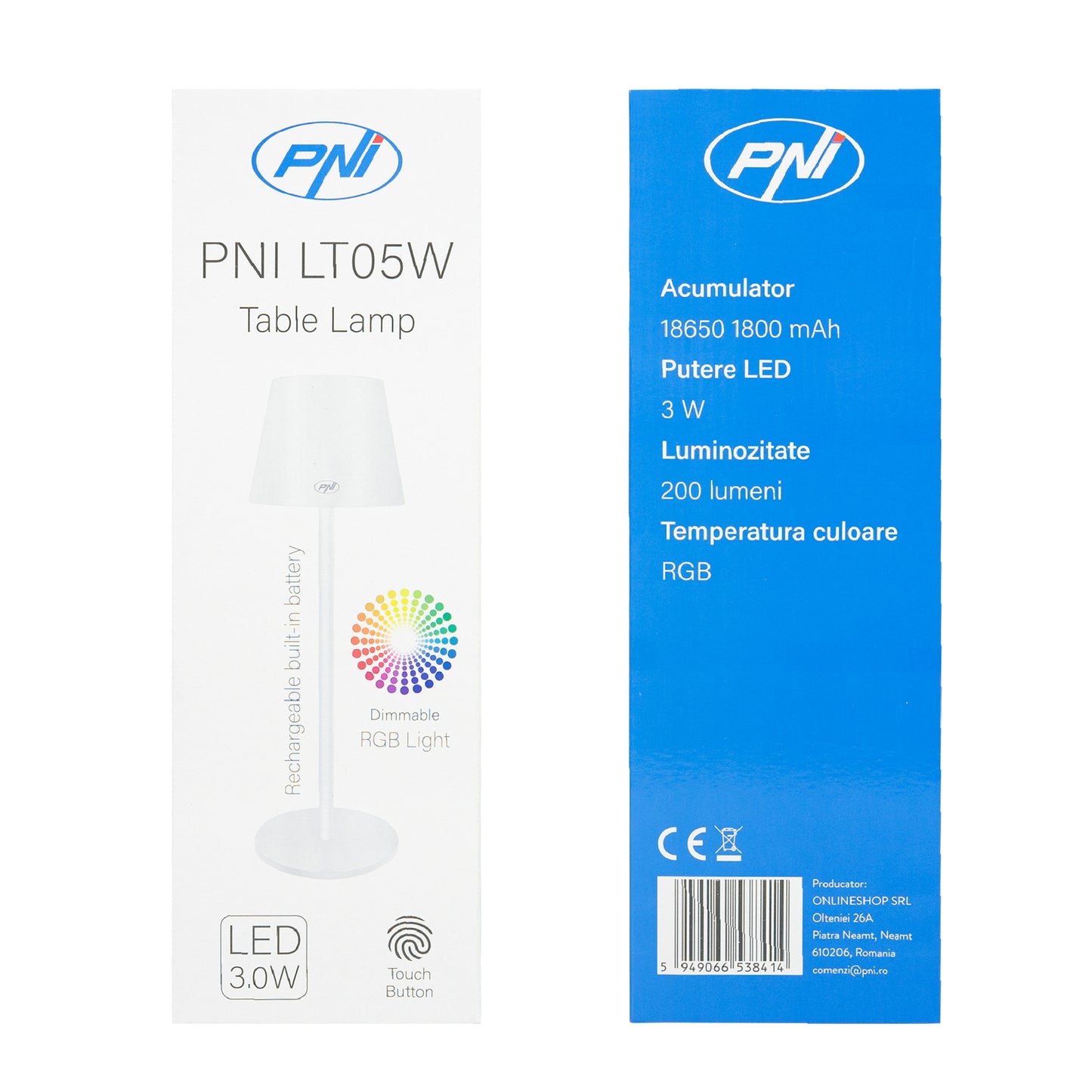 Lampa de masa PNI LT05W cu LED 3W, acumulator 1800 mAh, incarcare prin USB-C, 200 lumeni, lumina alba + RGB, buton tactil, dimabil, culoare alb