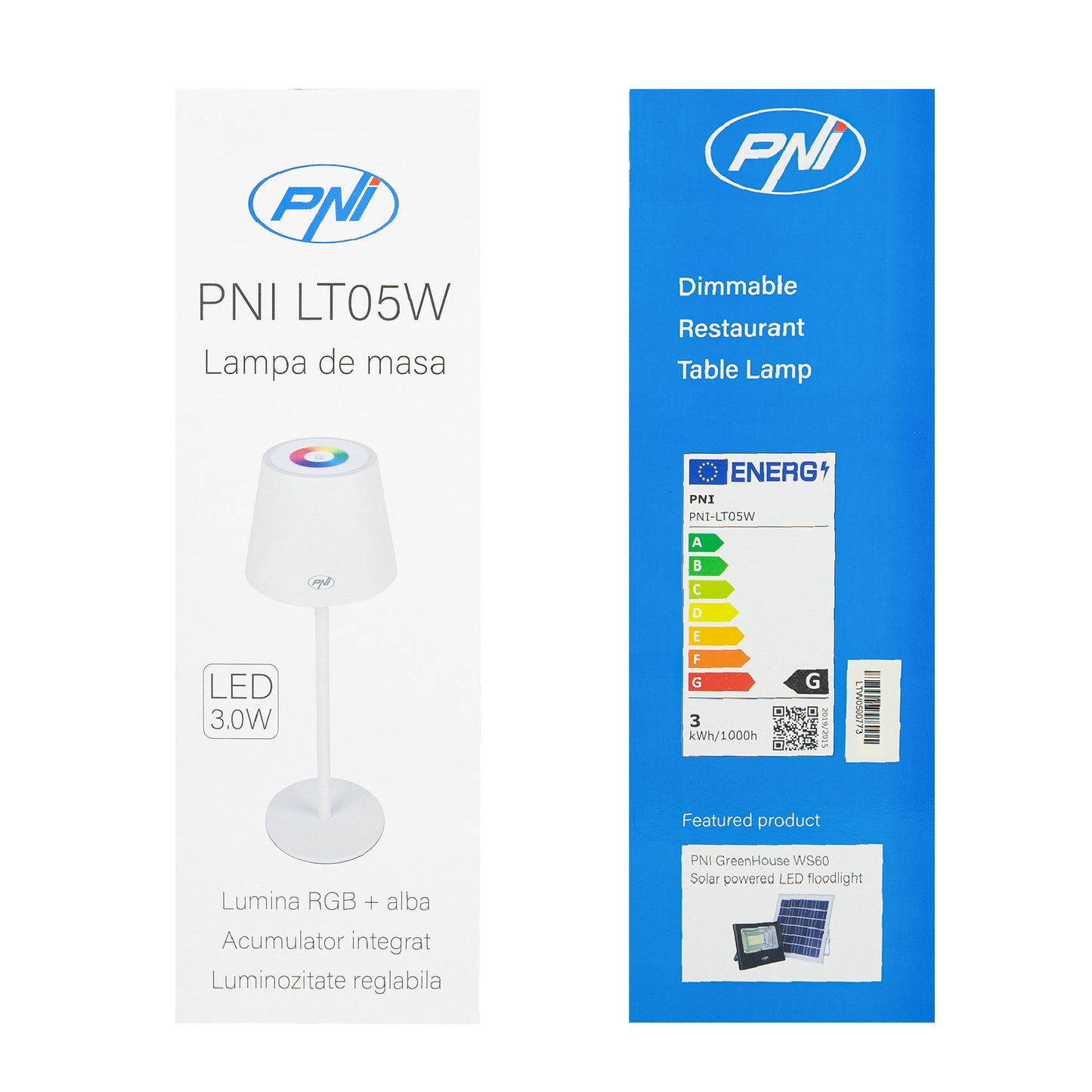 Lampa de masa PNI LT05W cu LED 3W, acumulator 1800 mAh, incarcare prin USB-C, 200 lumeni, lumina alba + RGB, buton tactil, dimabil, culoare alb
