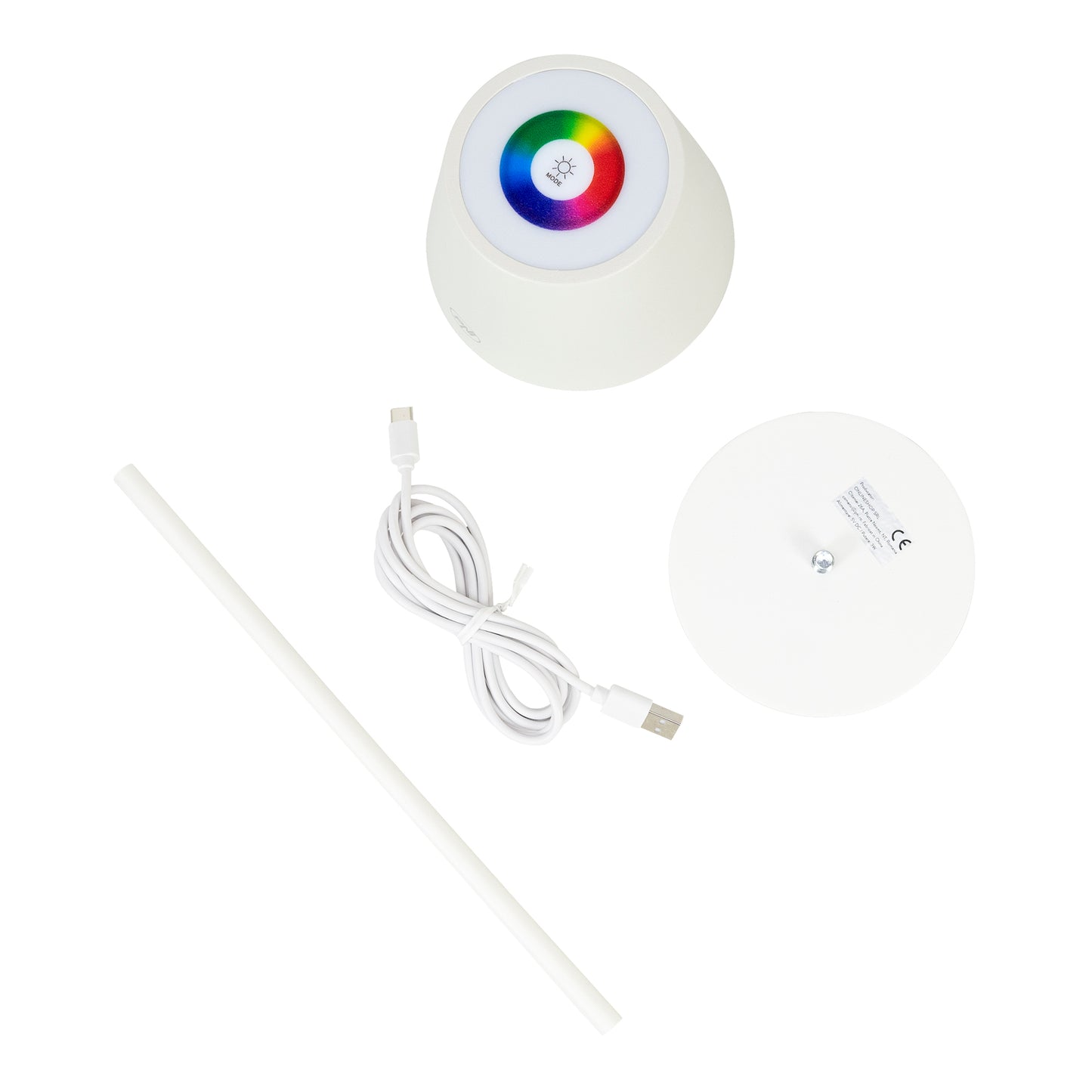 Lampa de masa PNI LT05W cu LED 3W, acumulator 1800 mAh, incarcare prin USB-C, 200 lumeni, lumina alba + RGB, buton tactil, dimabil, culoare alb