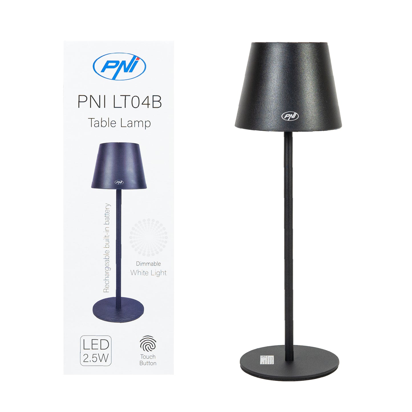 Lampa de restaurant PNI LT04B cu LED 2.5W, acumulator 1200 mAh, incarcare prin USB-C, 150 lumeni, lumina alba calda 3000K, buton tactil, dimabil, culoare Negru