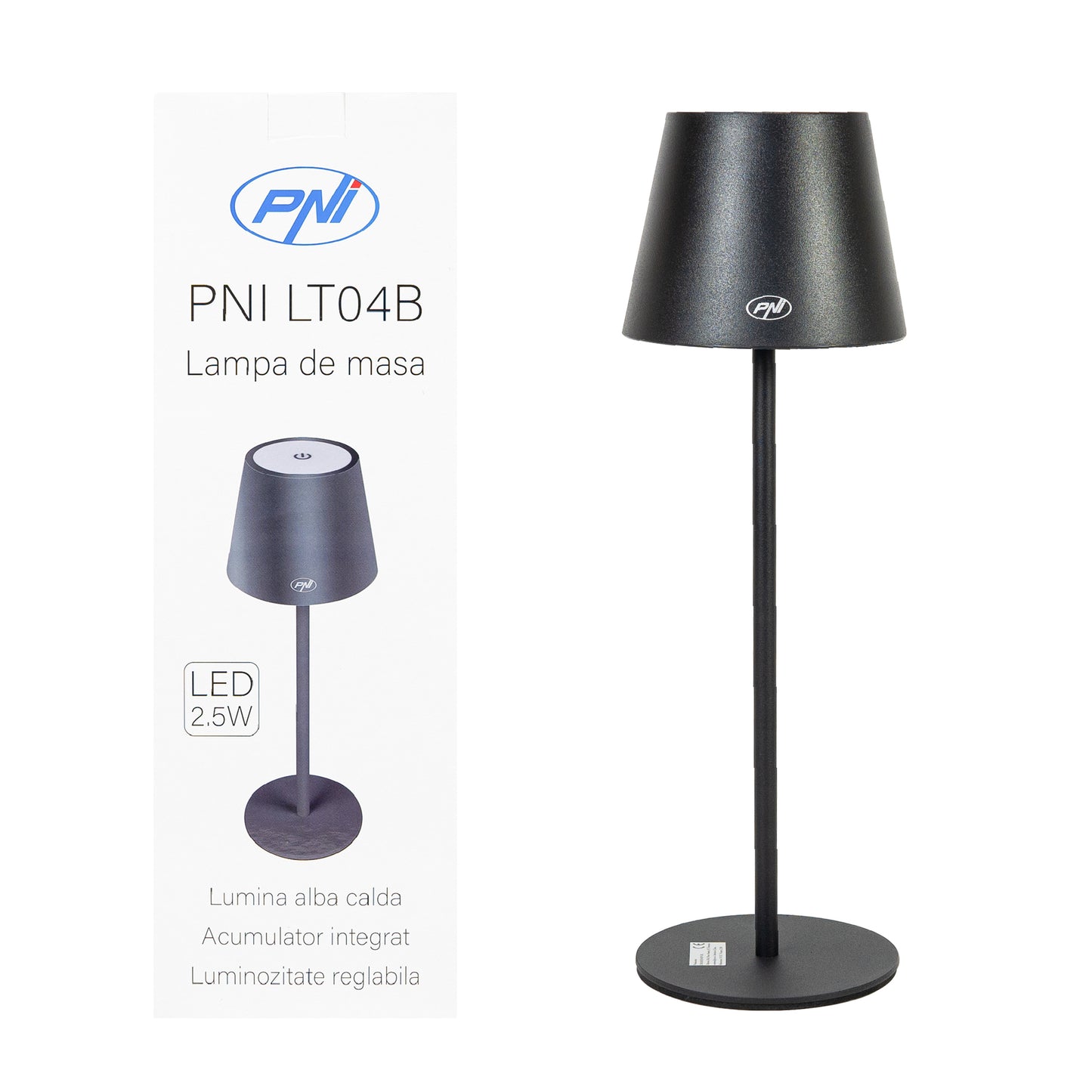 Lampa de restaurant PNI LT04B cu LED 2.5W, acumulator 1200 mAh, incarcare prin USB-C, 150 lumeni, lumina alba calda 3000K, buton tactil, dimabil, culoare Negru