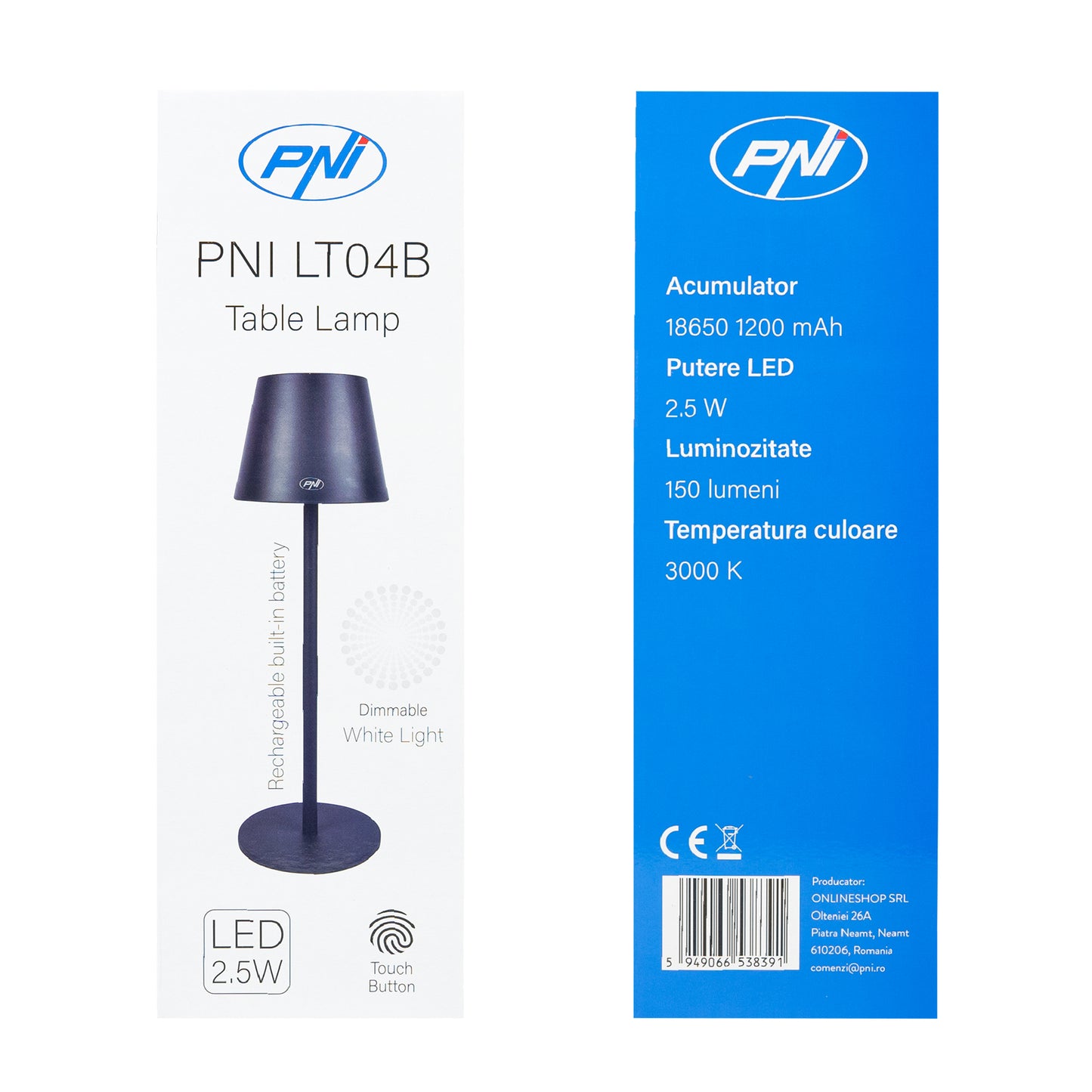 Lampa de restaurant PNI LT04B cu LED 2.5W, acumulator 1200 mAh, incarcare prin USB-C, 150 lumeni, lumina alba calda 3000K, buton tactil, dimabil, culoare Negru