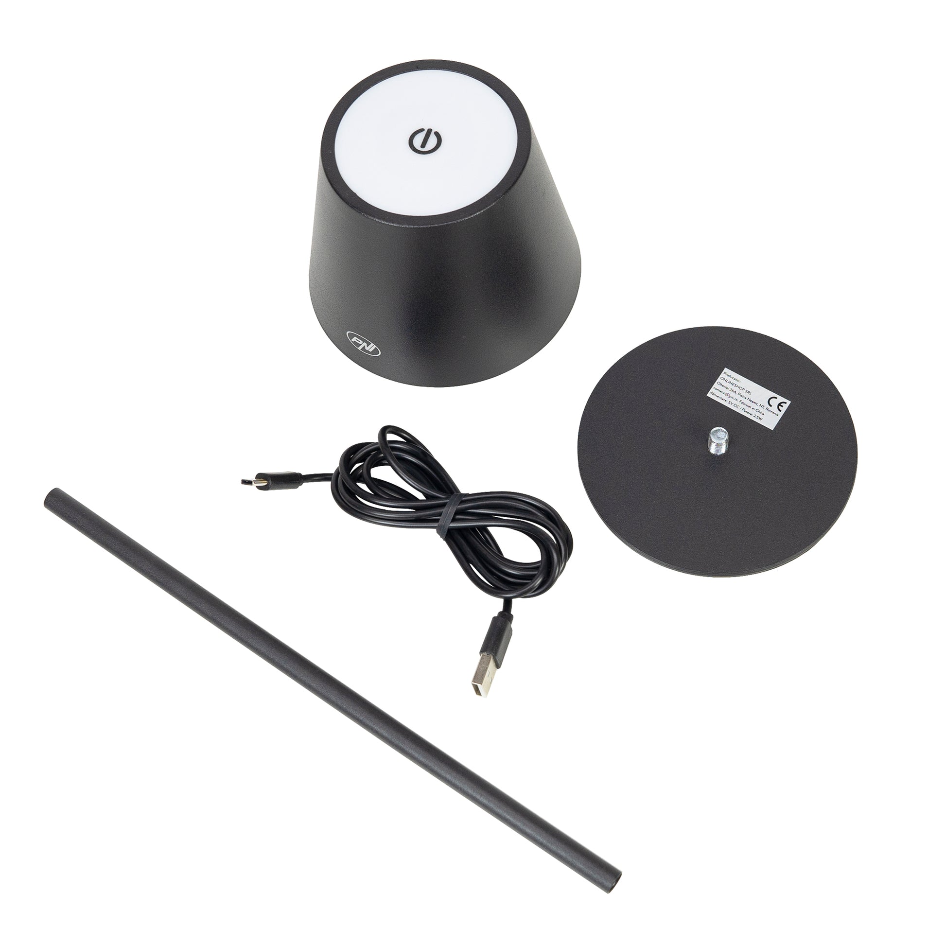 Lampa de restaurant PNI LT04B cu LED 2.5W, acumulator 1200 mAh, incarcare prin USB-C, 150 lumeni, lumina alba calda 3000K, buton tactil, dimabil, culoare Negru