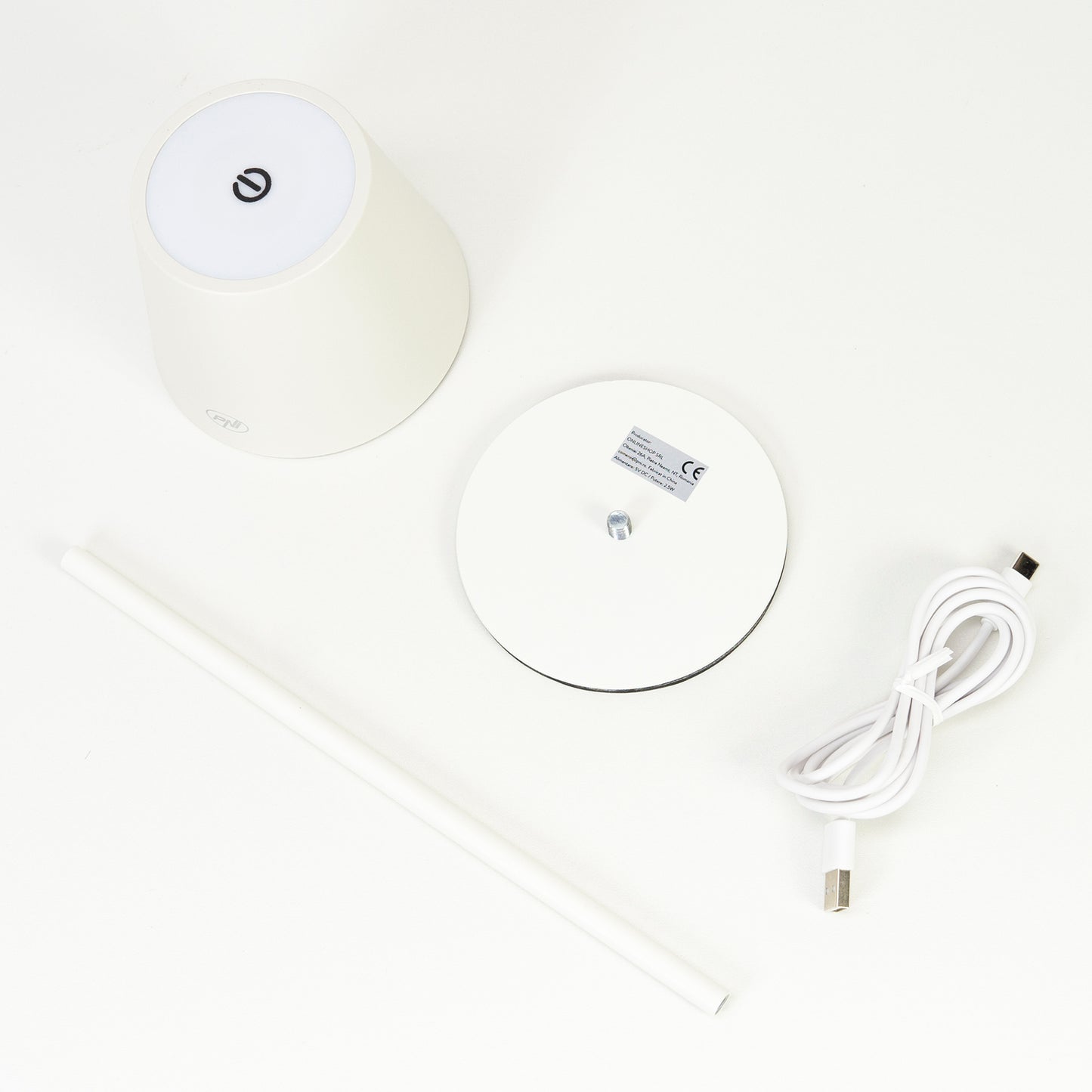 Lampa de masa PNI LT04W cu LED 2.5W, acumulator 1200 mAh, incarcare prin USB-C, 150 lumeni, lumina alba calda 3000K, buton tactil, dimabil, culoare Alb