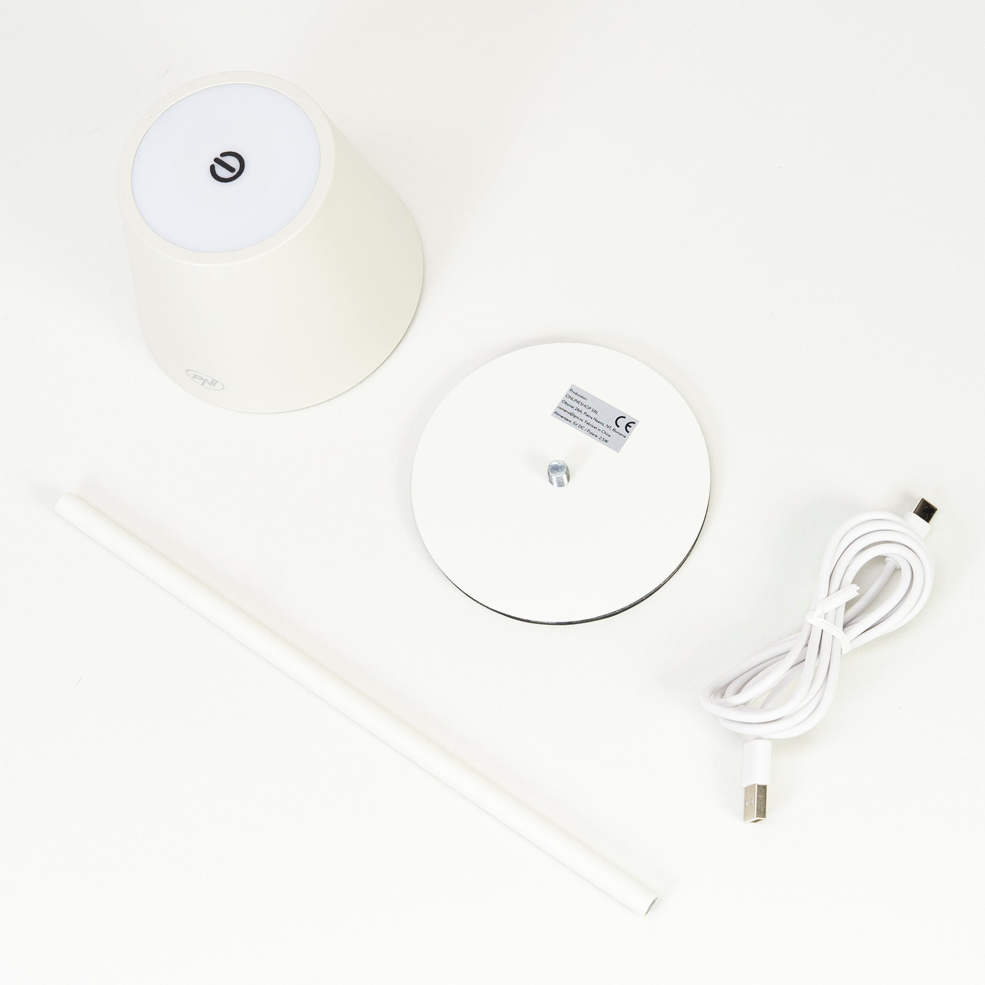 Lampa de masa PNI LT04W cu LED 2.5W, acumulator 1200 mAh, incarcare prin USB-C, 150 lumeni, lumina alba calda 3000K, buton tactil, dimabil, culoare Alb