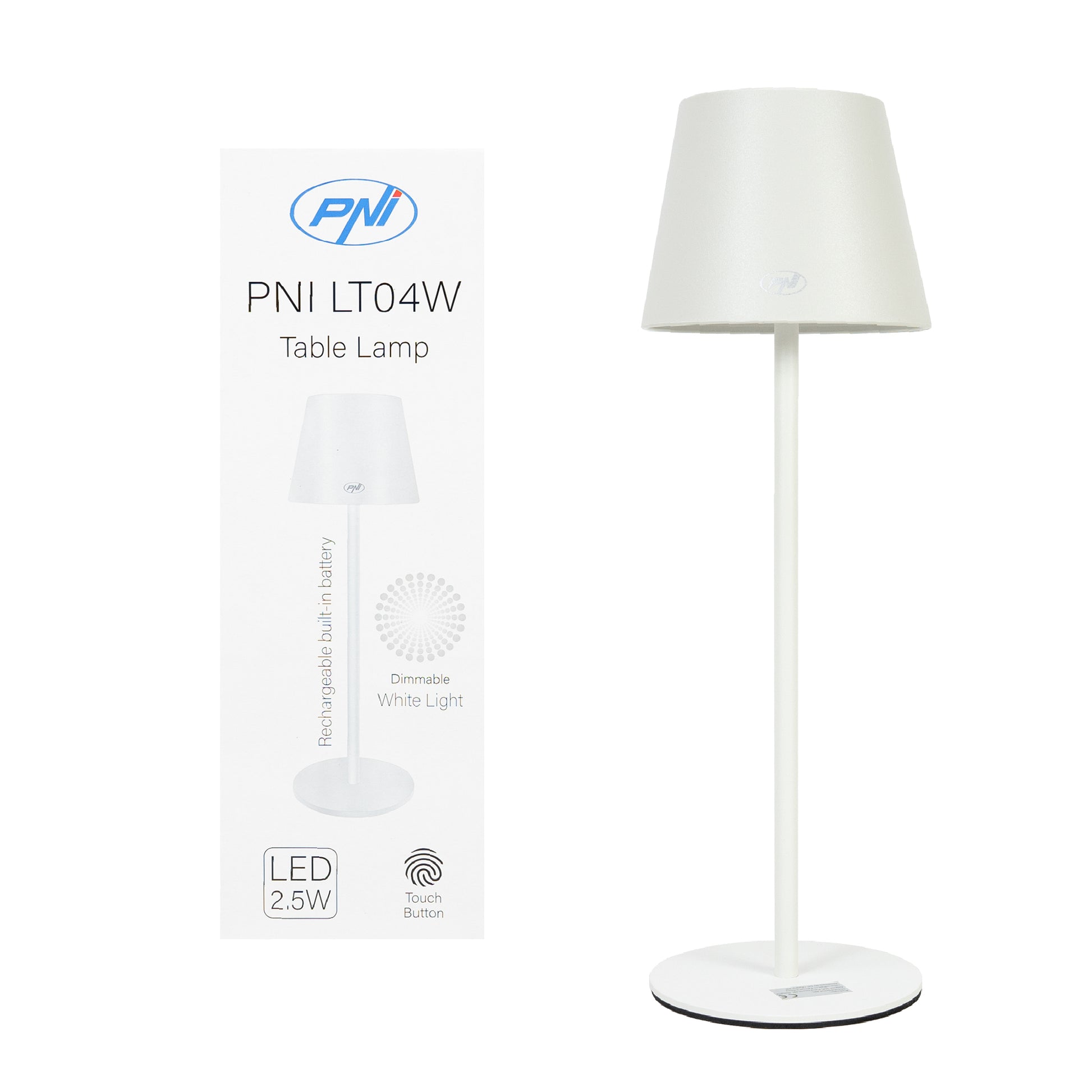 Lampa de masa PNI LT04W cu LED 2.5W, acumulator 1200 mAh, incarcare prin USB-C, 150 lumeni, lumina alba calda 3000K, buton tactil, dimabil, culoare Alb