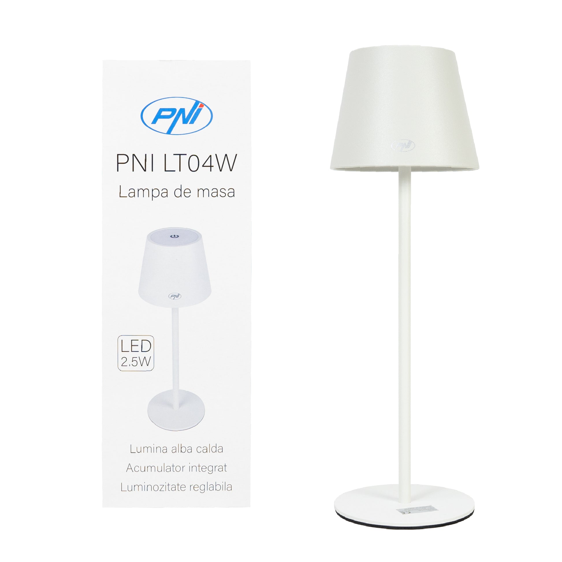 Lampa de masa PNI LT04W cu LED 2.5W, acumulator 1200 mAh, incarcare prin USB-C, 150 lumeni, lumina alba calda 3000K, buton tactil, dimabil, culoare Alb
