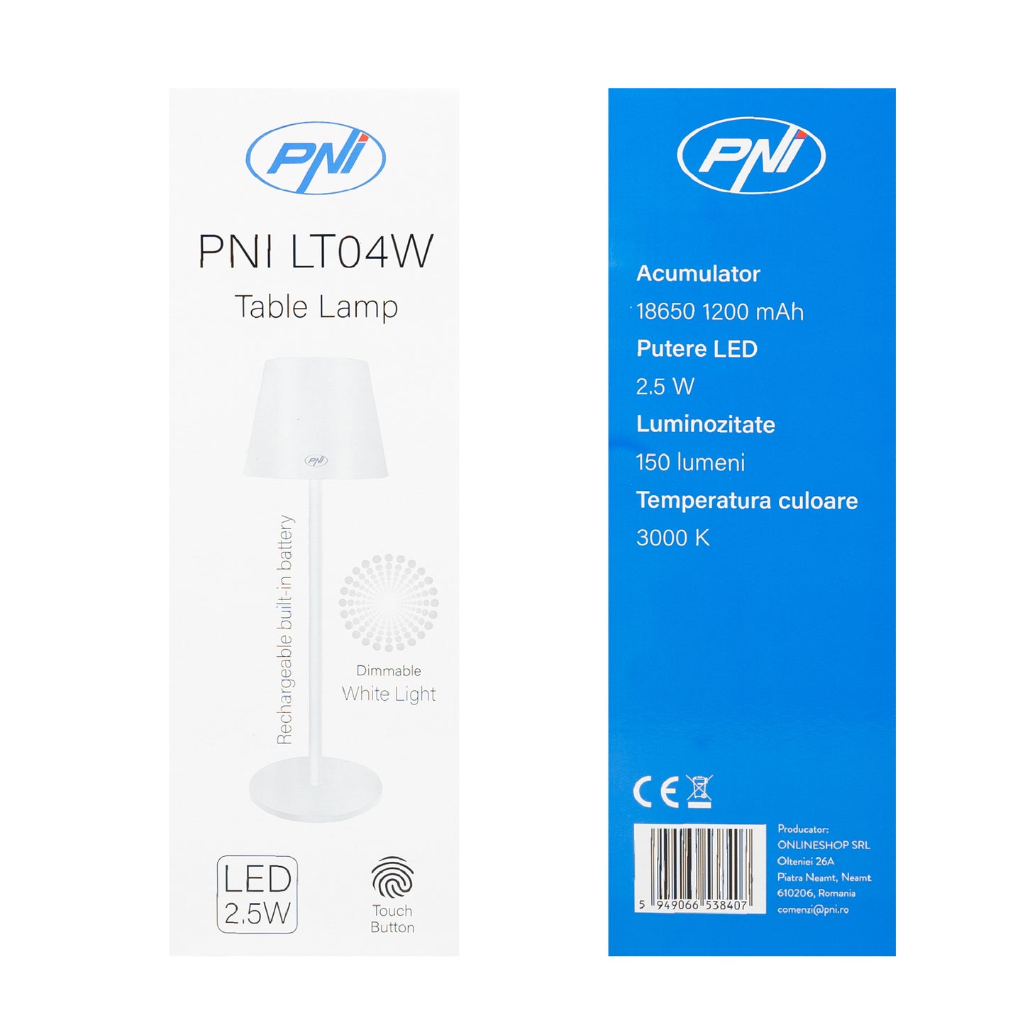 Lampa de masa PNI LT04W cu LED 2.5W, acumulator 1200 mAh, incarcare prin USB-C, 150 lumeni, lumina alba calda 3000K, buton tactil, dimabil, culoare Alb