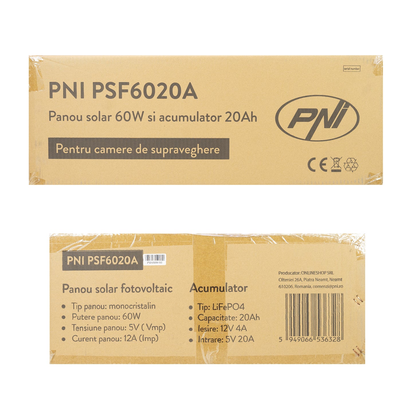 Panou solar fotovoltaic PNI PSF6020A putere 60W cu acumulator 20A inclus, iesire 12V, pentru camere de supraveghere