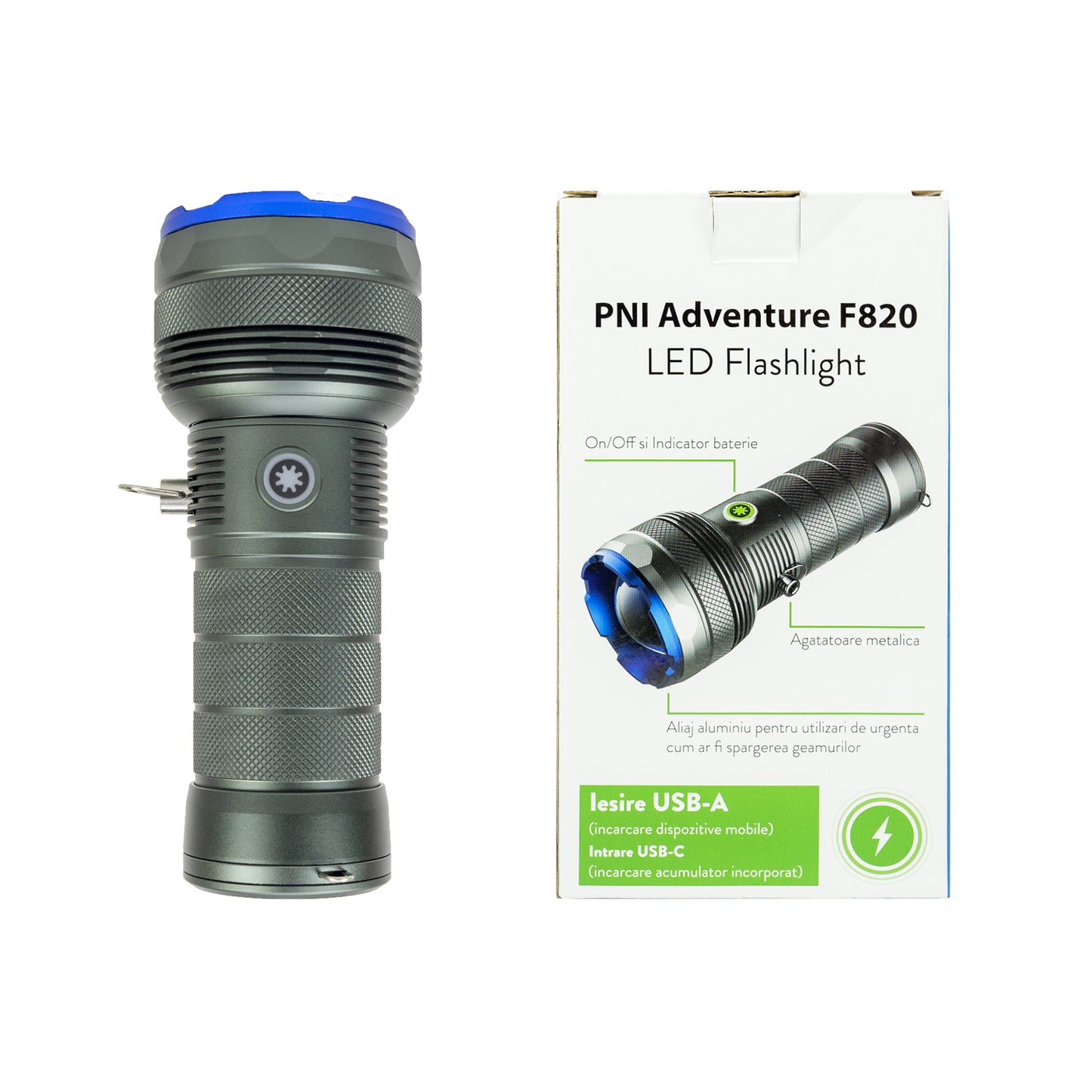 Lanterna PNI Adventure F820 200 W, 3 niveluri iluminare plus Turbo, 20000 lumeni, pana la 350 m, acumulator 2600 mAh, IPX7, functie Power BanK