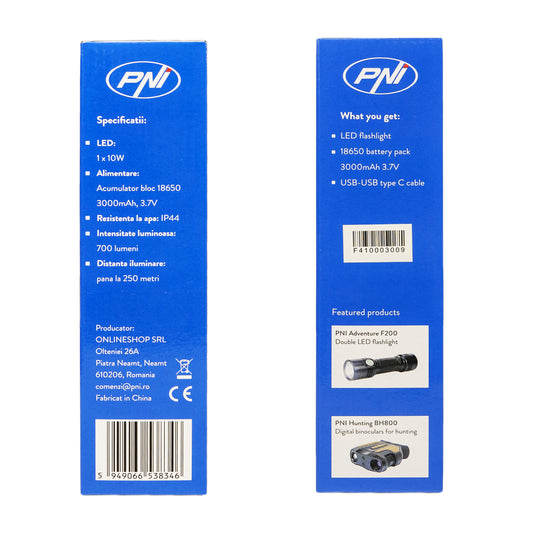 Lanterna PNI Adventure F410 din aluminiu, cu LED 10W, 700 lumeni, pana la 250 m, IP44, USB Tip C, acumulatori 3000mAh inclusi