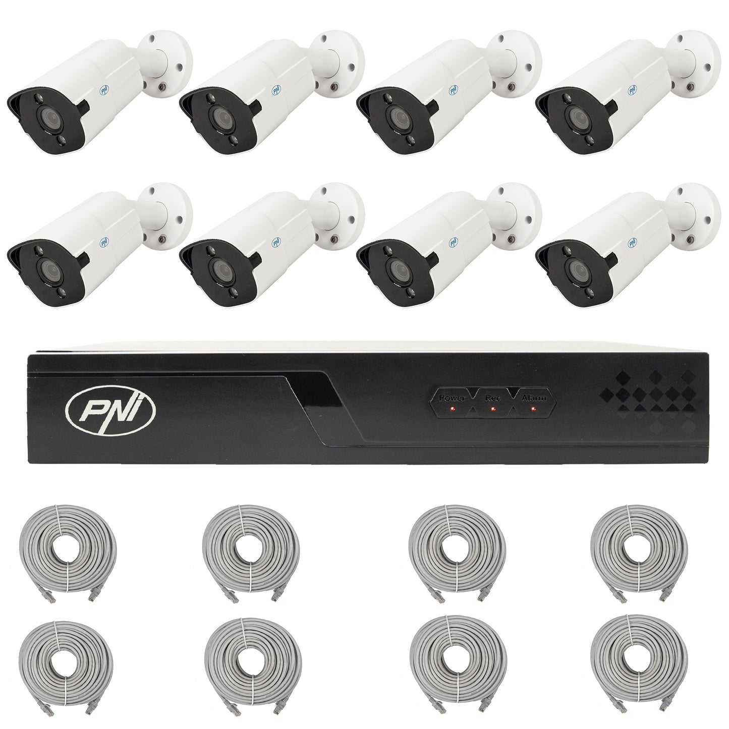 Pachet supraveghere video NVR POE PNI House IP716J, 8 camere PNI IP818J 8MP si 8 cabluri UTP CAT6 20 metri incluse