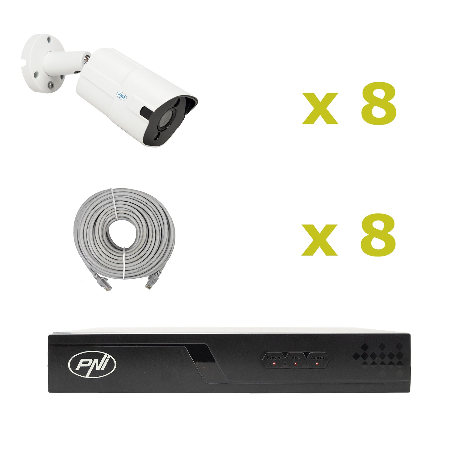 Pachet supraveghere video NVR POE PNI House IP716J, 8 camere PNI IP818J 8MP si 8 cabluri UTP CAT6 20 metri incluse