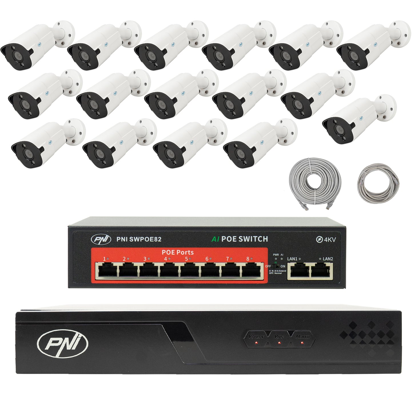 Pachet supraveghere video NVR POE PNI House IP716J, 16 camere PNI IP818J 8MP, switch POE si cabluri UTP CAT6 metri incluse