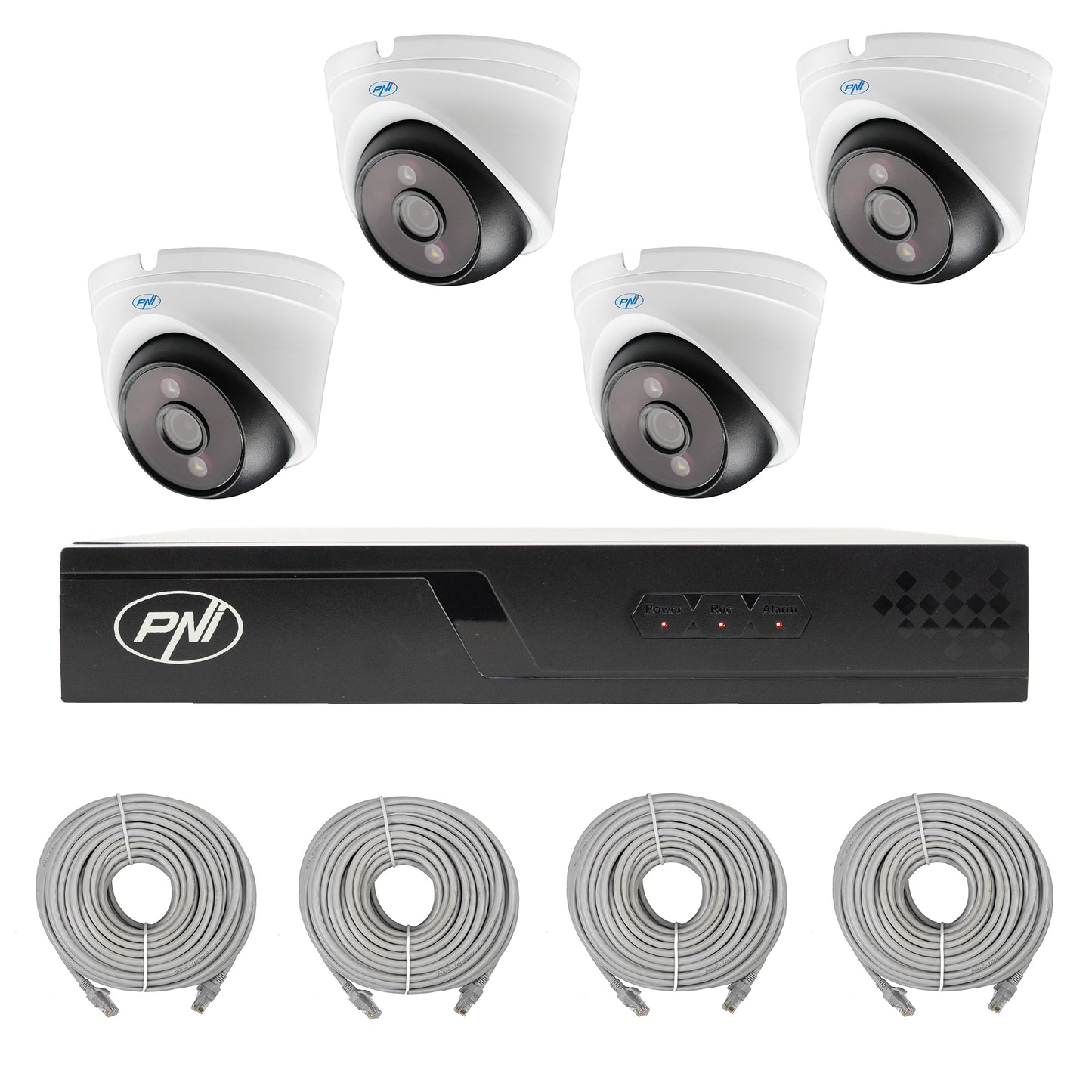 Pachet supraveghere video NVR POE PNI House IP710J, 4 camere PNI IP808J 8MP si 4 cabluri UTP CAT6 20 metri incluse
