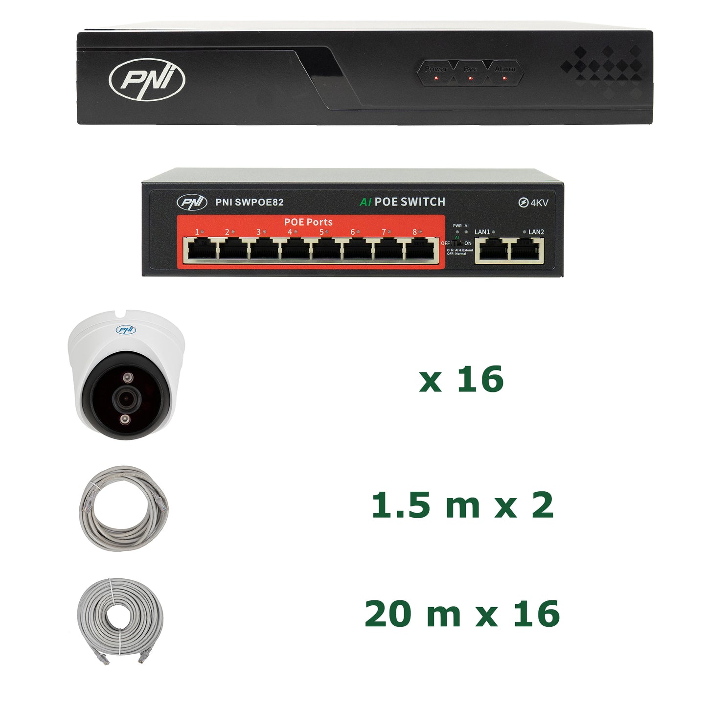 Pachet supraveghere video NVR POE PNI House IP716J, 16 camere PNI IP808J 8MP, switch POE si cabluri UTP CAT6 incluse