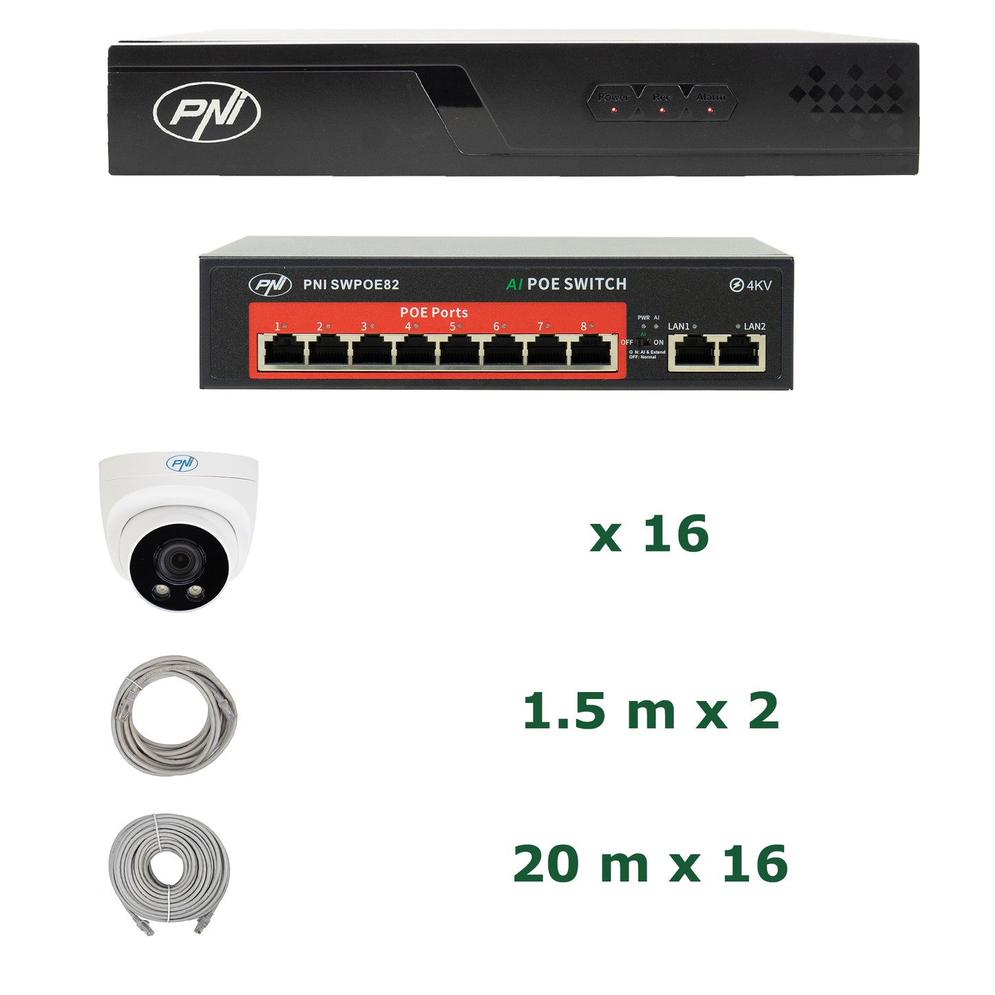 Pachet supraveghere video NVR POE PNI House IP716J, 16 camere PNI IP505J, 5MP, switch POE si cabluri UTP CAT6 incluse