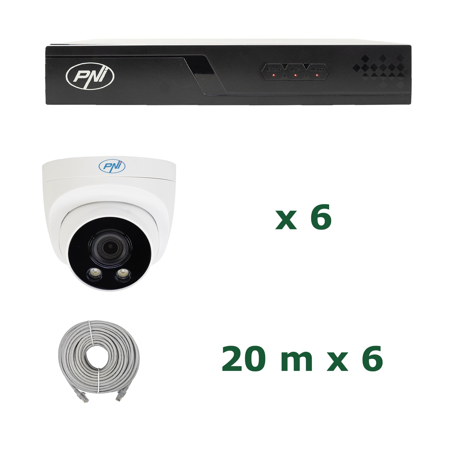 Pachet supraveghere video NVR POE PNI House IP716J, 6 camere PNI IP505J, 5MP si 6 cabluri UTP CAT6 20 metri incluse
