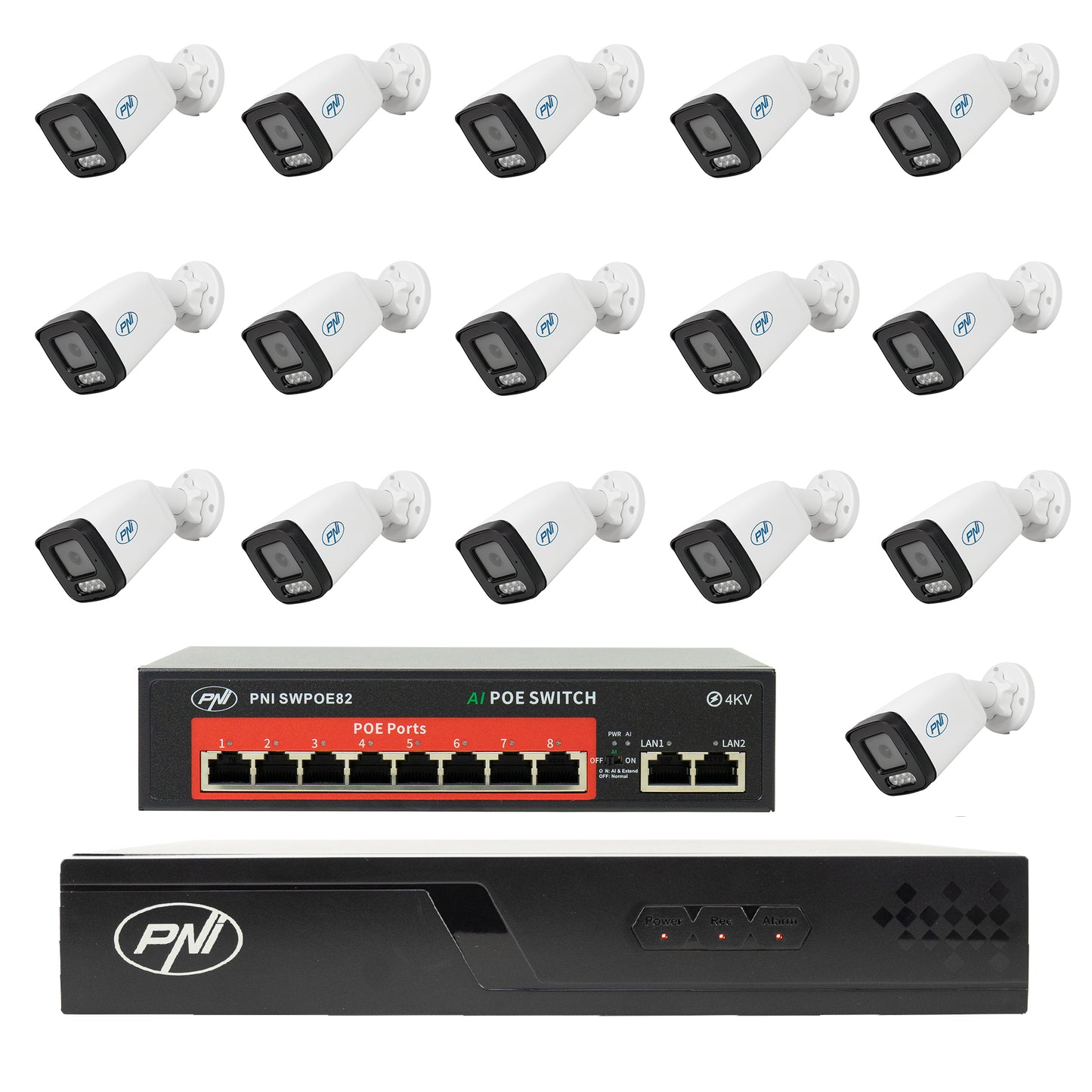 Pachet supraveghere video NVR POE PNI House IP716J, 16 camere PNI IP515J, bullet 5MP, switch POE si cabluri UTP CAT6 incluse