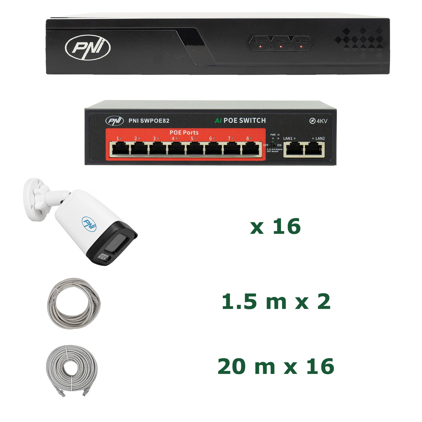 Pachet supraveghere video NVR POE PNI House IP716J, 16 camere PNI IP515J, bullet 5MP, switch POE si cabluri UTP CAT6 incluse