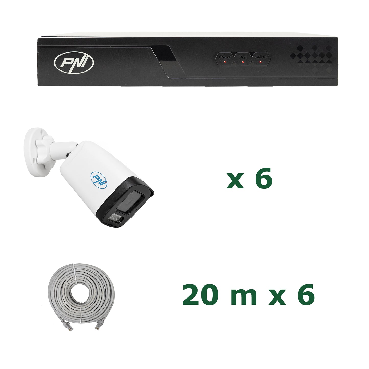 Pachet supraveghere video NVR POE PNI House IP716J, 6 camere PNI IP515J, bullet 5MP, 2.8mm si 6 cabluri UTP CAT6 20 metri incluse