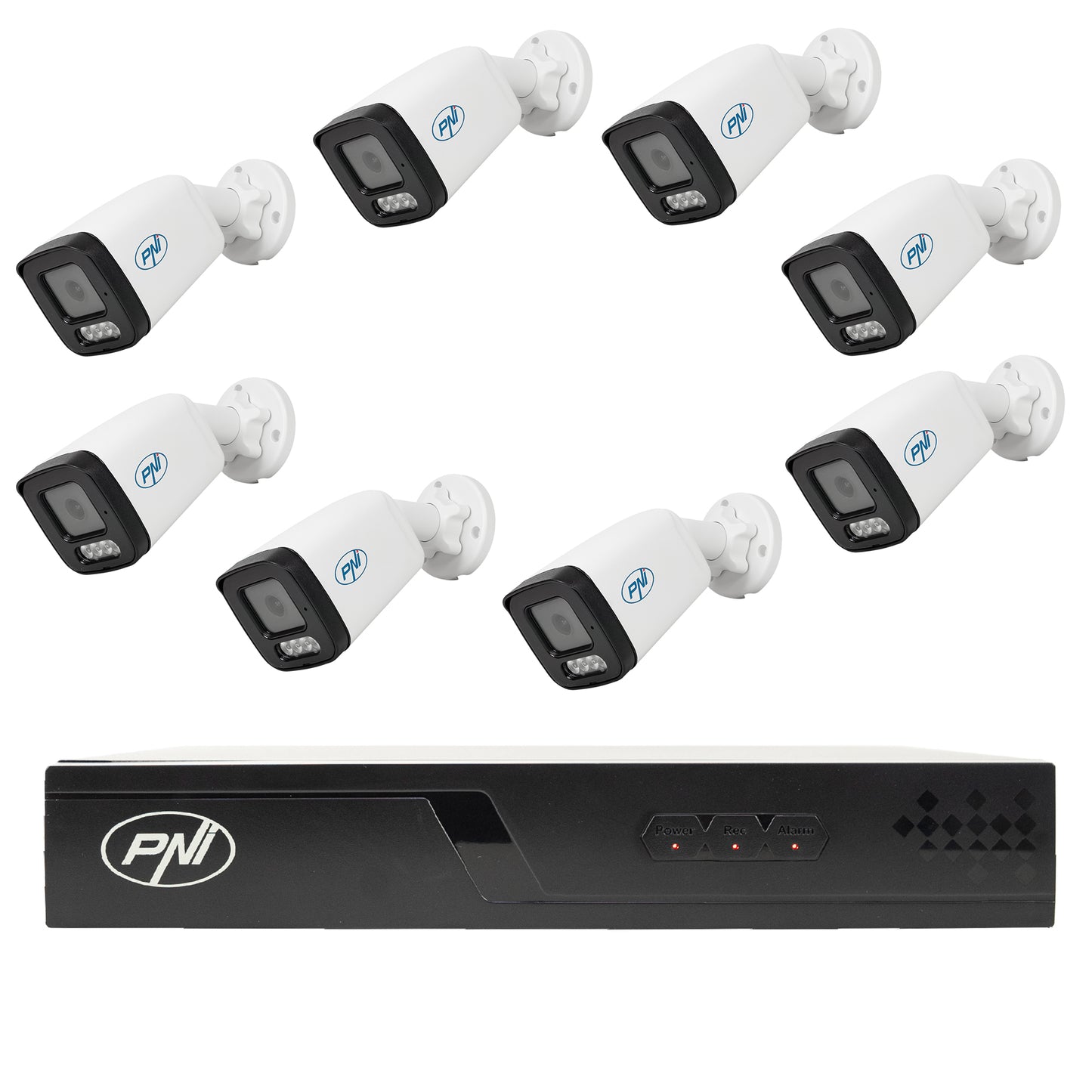 Pachet supraveghere video NVR POE PNI House IP716J, 8 camere PNI IP515J, bullet 5MP, 2.8mm si 8 cabluri UTP CAT6 20 metri incluse