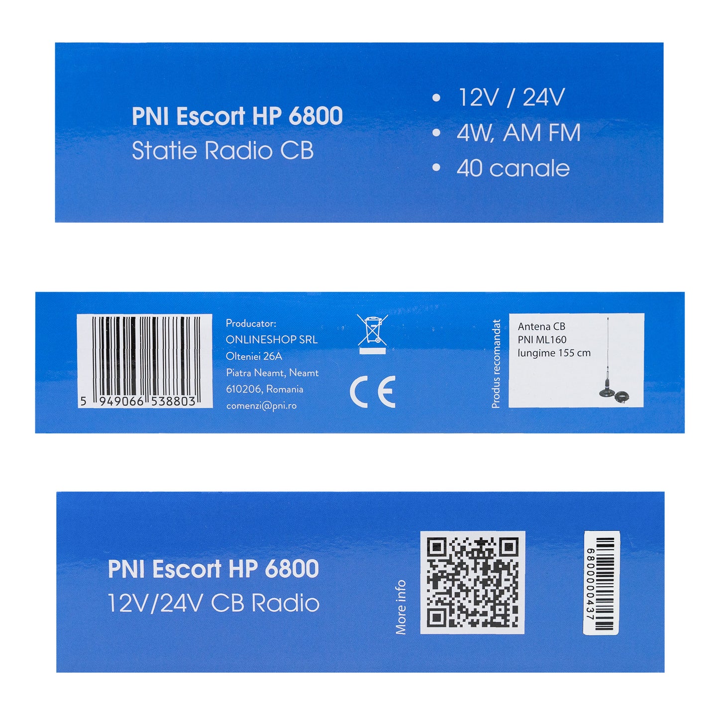 Statie radio CB PNI Escort HP 6800 ASQ, 12/24 V, MP3 player, mufa USB, 4W, AM-FM, mufa de bricheta inclusa