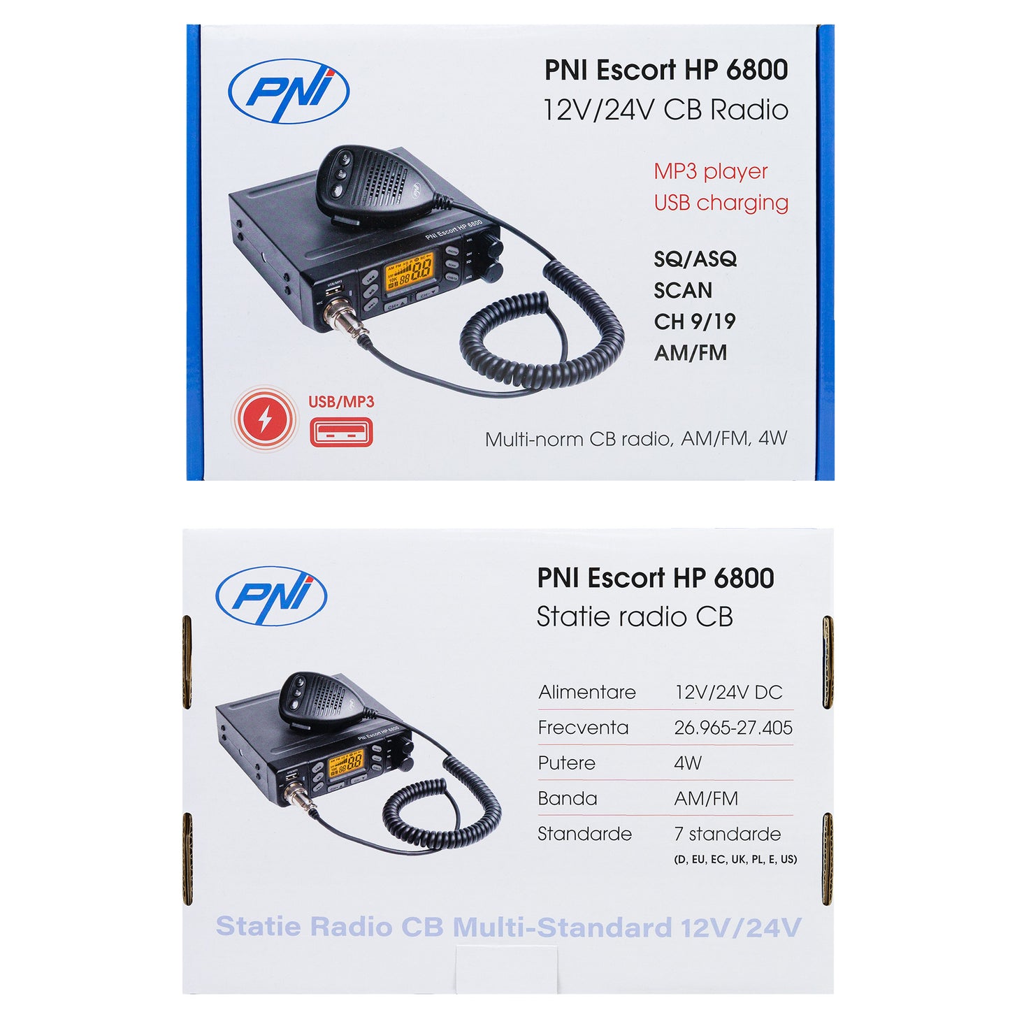 Statie radio CB PNI Escort HP 6800 ASQ, 12/24 V, MP3 player, mufa USB, 4W, AM-FM, mufa de bricheta inclusa