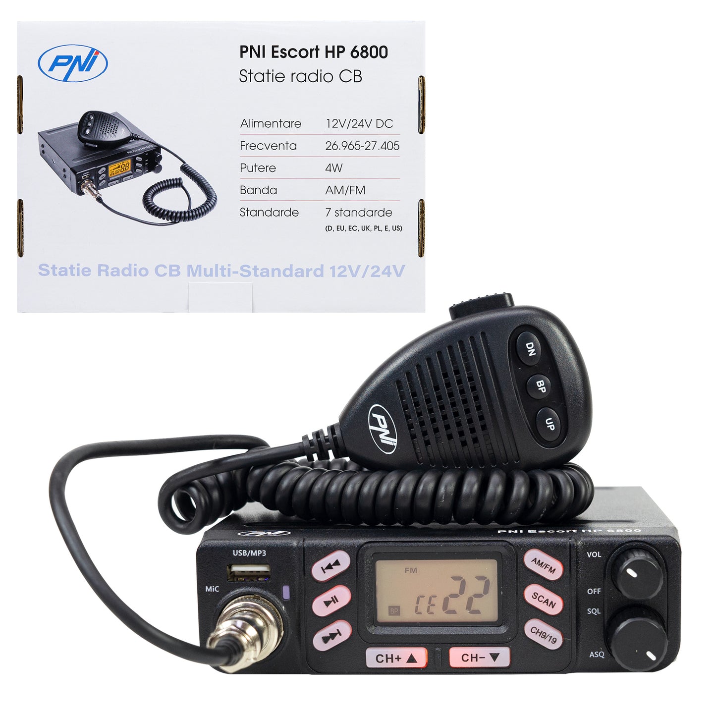 Statie radio CB PNI Escort HP 6800 ASQ, 12/24 V, MP3 player, mufa USB, 4W, AM-FM, mufa de bricheta inclusa