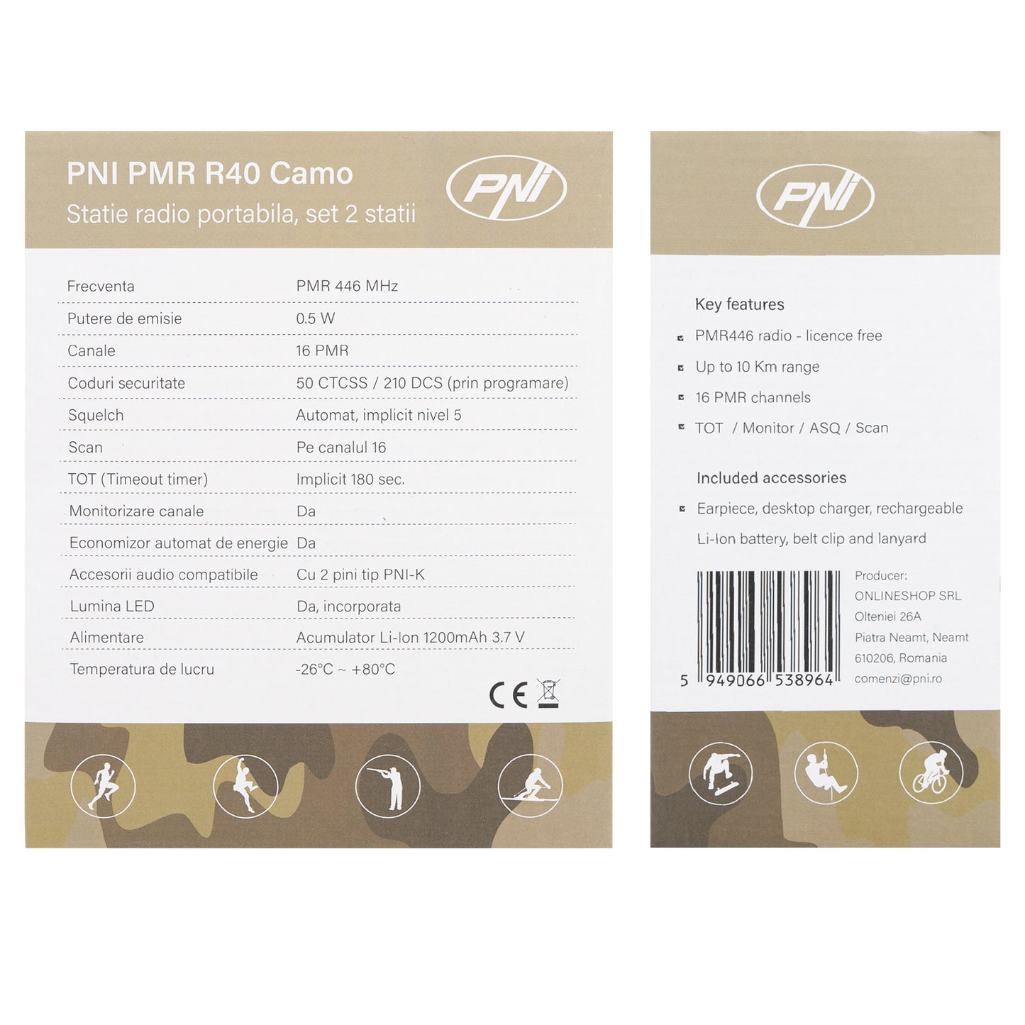 Statie radio portabila PNI PMR R40 Camo, set cu 2 buc, 0.5W, 16 canale programabile, 16 PMR si tonuri 50 CTCSS si 104 DCS, ASQ, TOT, monitor, programabila, acumulatori 1200mAh, incarcatoare si casti incluse
