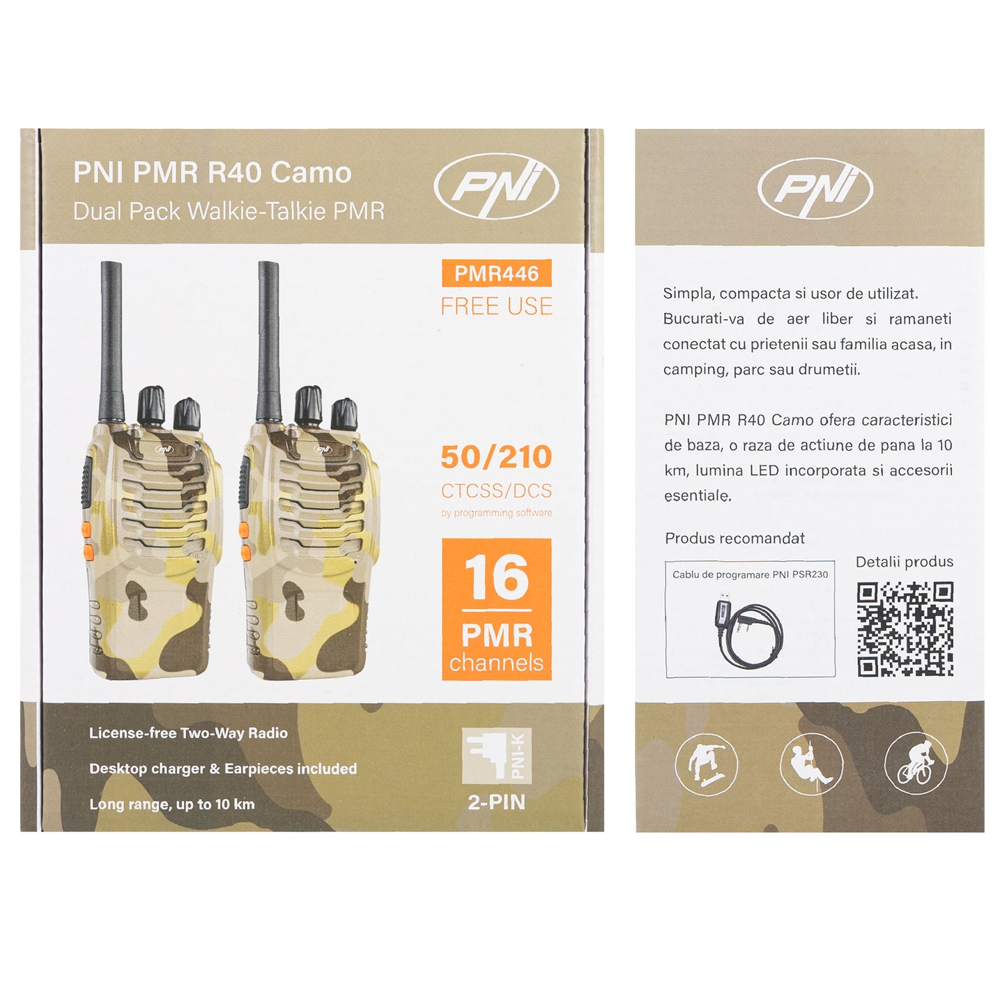 Statie radio portabila PNI PMR R40 Camo, set cu 2 buc, 0.5W, 16 canale programabile, 16 PMR si tonuri 50 CTCSS si 104 DCS, ASQ, TOT, monitor, programabila, acumulatori 1200mAh, incarcatoare si casti incluse
