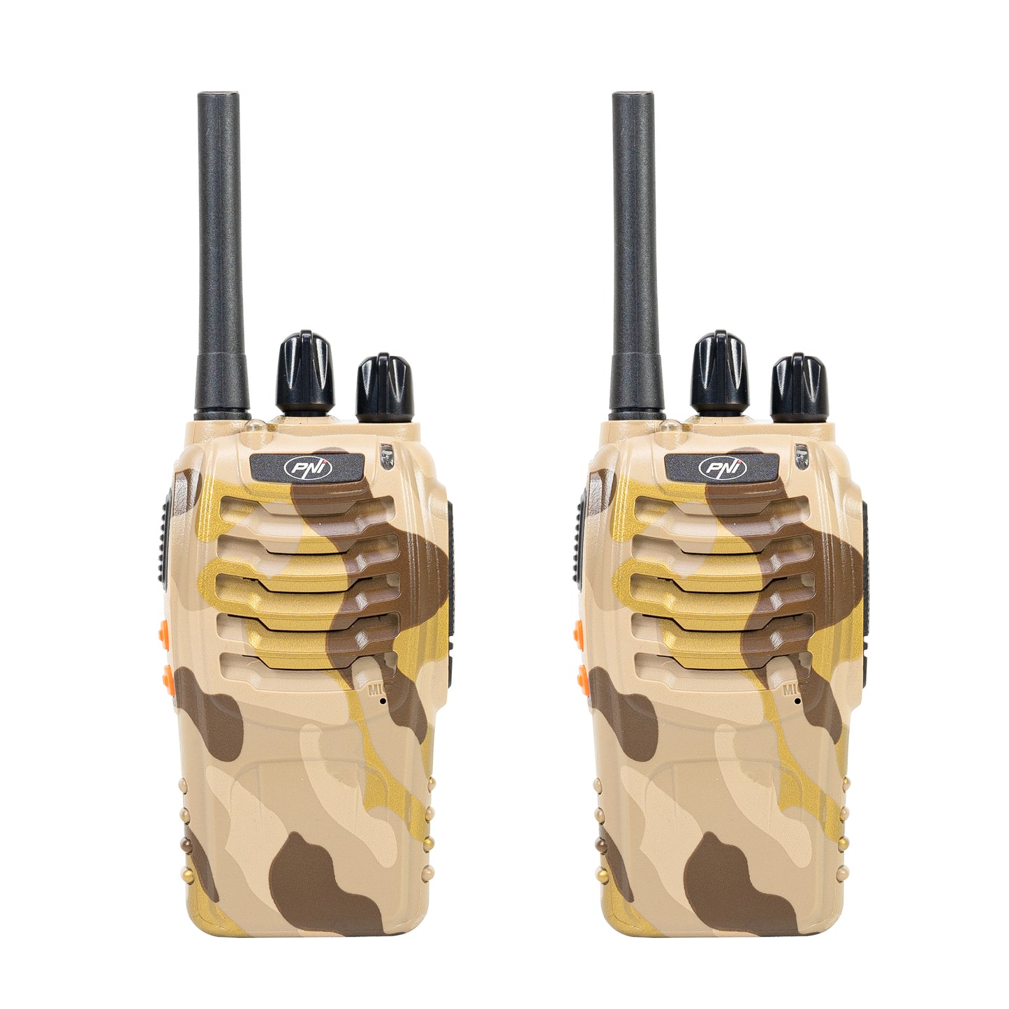 Statie radio portabila PNI PMR R40 Camo, set cu 2 buc, 0.5W, 16 canale programabile, 16 PMR si tonuri 50 CTCSS si 104 DCS, ASQ, TOT, monitor, programabila, acumulatori 1200mAh, incarcatoare si casti incluse