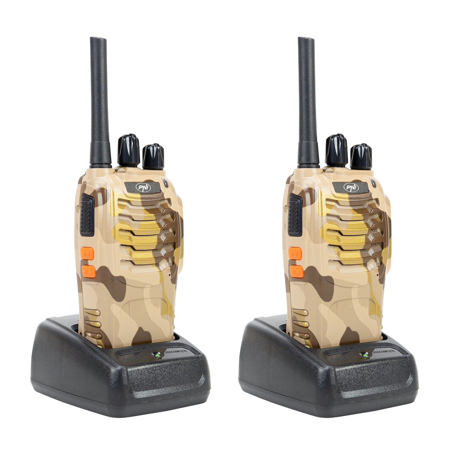 Statie radio portabila PNI PMR R40 Camo, set cu 2 buc, 0.5W, 16 canale programabile, 16 PMR si tonuri 50 CTCSS si 104 DCS, ASQ, TOT, monitor, programabila, acumulatori 1200mAh, incarcatoare si casti incluse