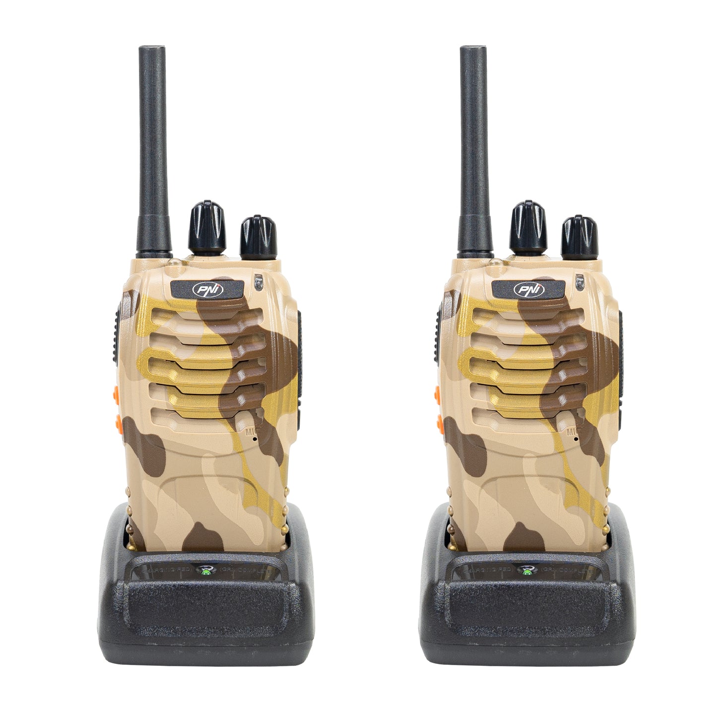 Statie radio portabila PNI PMR R40 Camo, set cu 2 buc, 0.5W, 16 canale programabile, 16 PMR si tonuri 50 CTCSS si 104 DCS, ASQ, TOT, monitor, programabila, acumulatori 1200mAh, incarcatoare si casti incluse