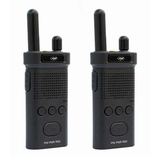 Kit 2 statii radio portabile PNI PMR R60 446MHz, 0.5W, 16 canale programabile, 16 PMR si tonuri 50 CTCSS si 104 DCS, Scan, blocare taste, SOS, Monitor, acumulator 1200mAh