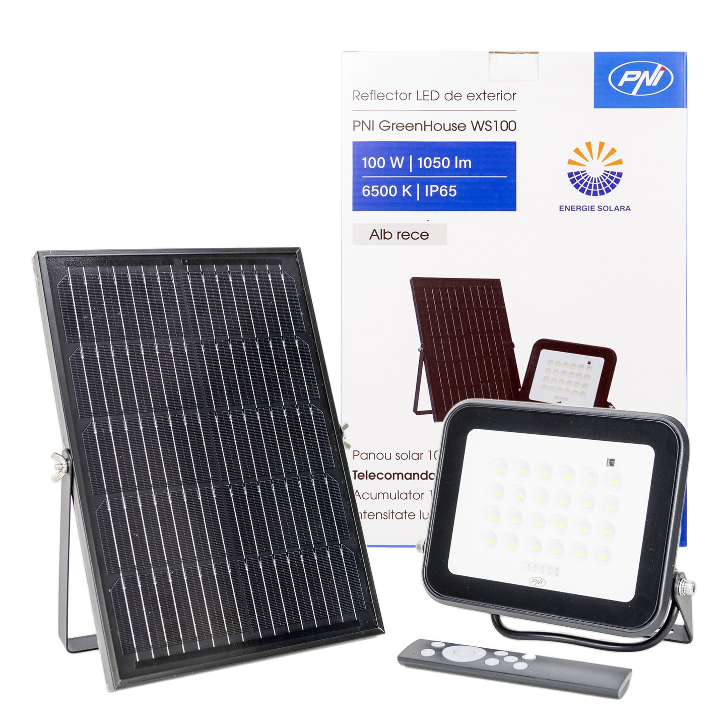 Reflector LED PNI GreenHouse WS100 100W cu panou solar, acumulator 10000mAh, telecomanda, timing si luminozitate reglabila, 6500 K, IP65